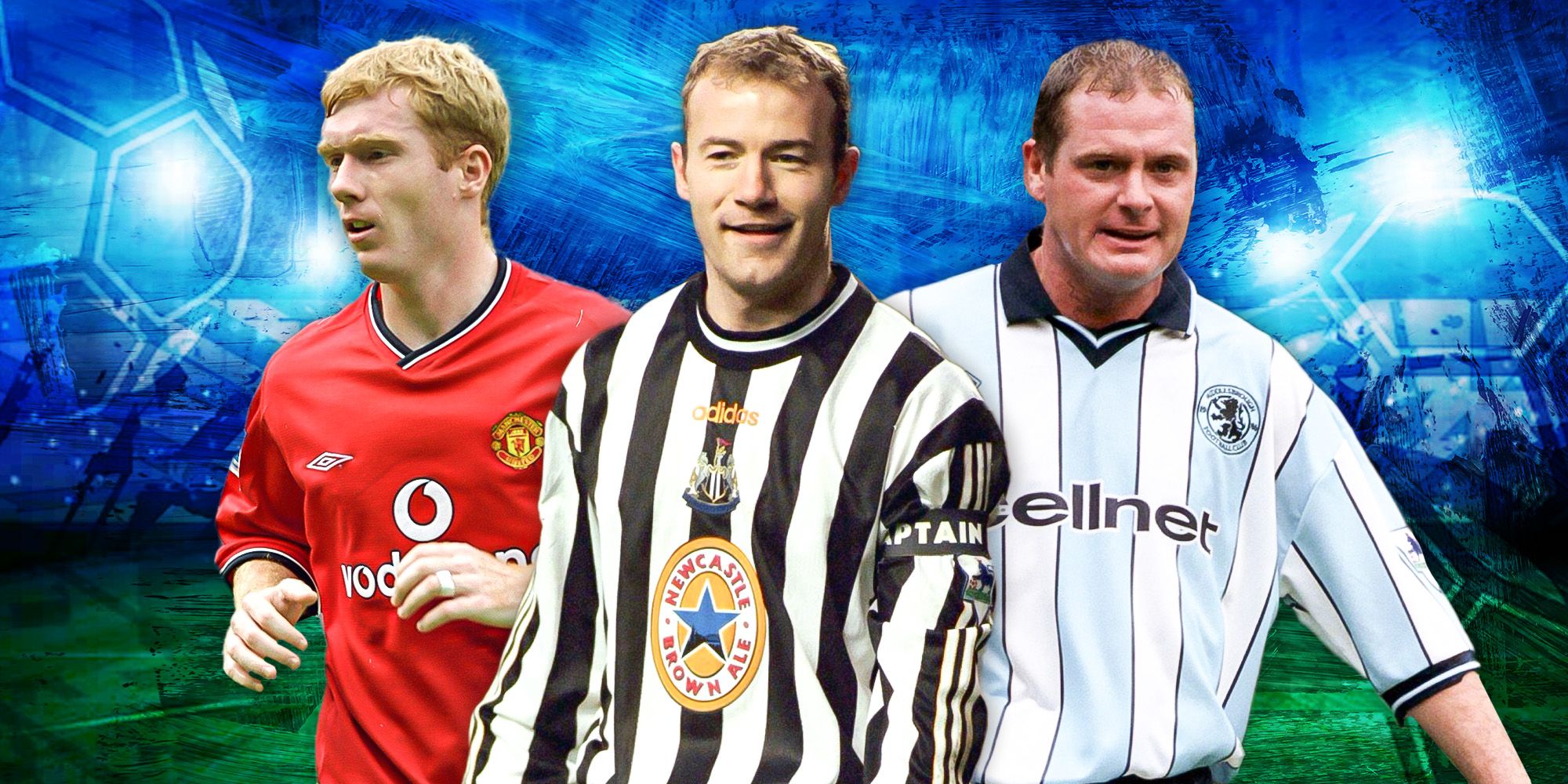 EPL_Shearer's Dream Alan Shearer's in Newcastle United kit with Paul Gascoigne and Paul Scholes on either side