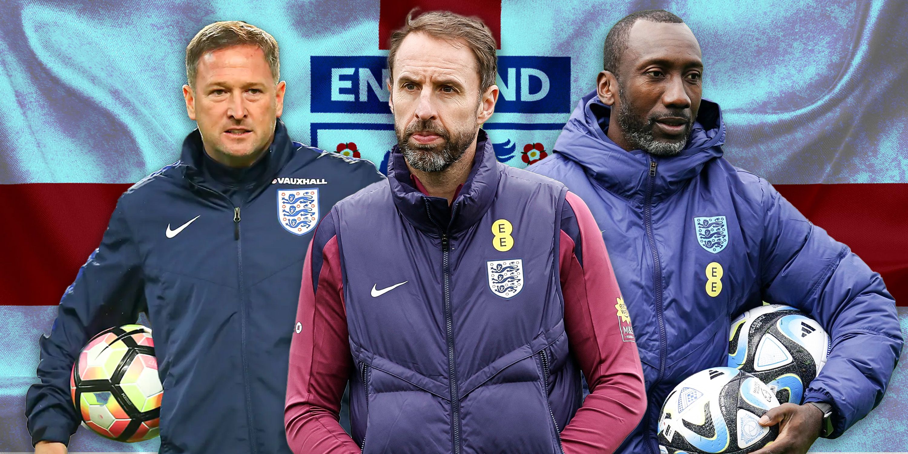 A custom image of England manager Gareth Southgate alongside his assistants Steve Holland and Jimmy Floyd Hasselbaink