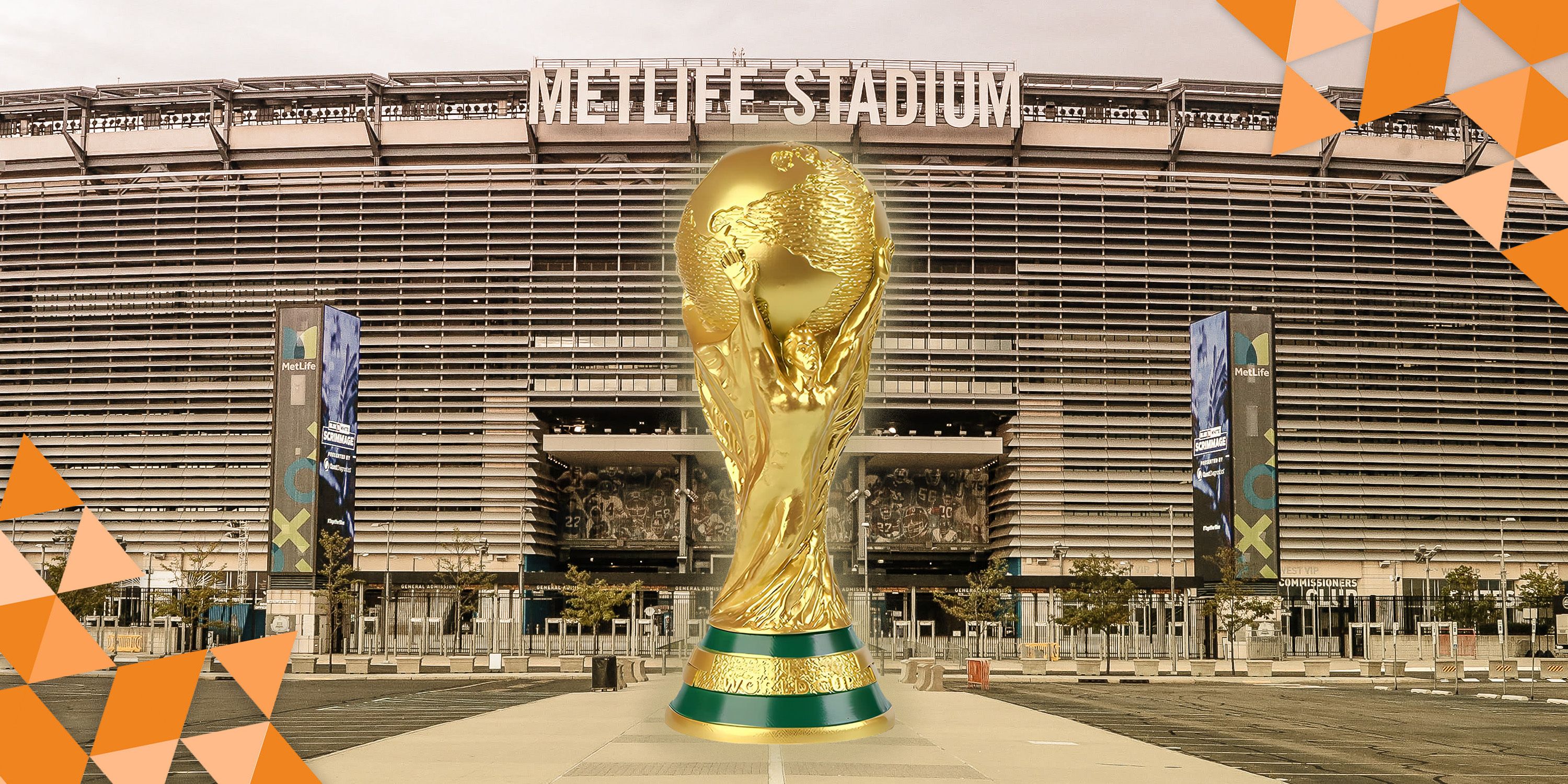 A custom image of the World Cup trophy in front of the MetLife Stadium which will host the 2026 World Cup final