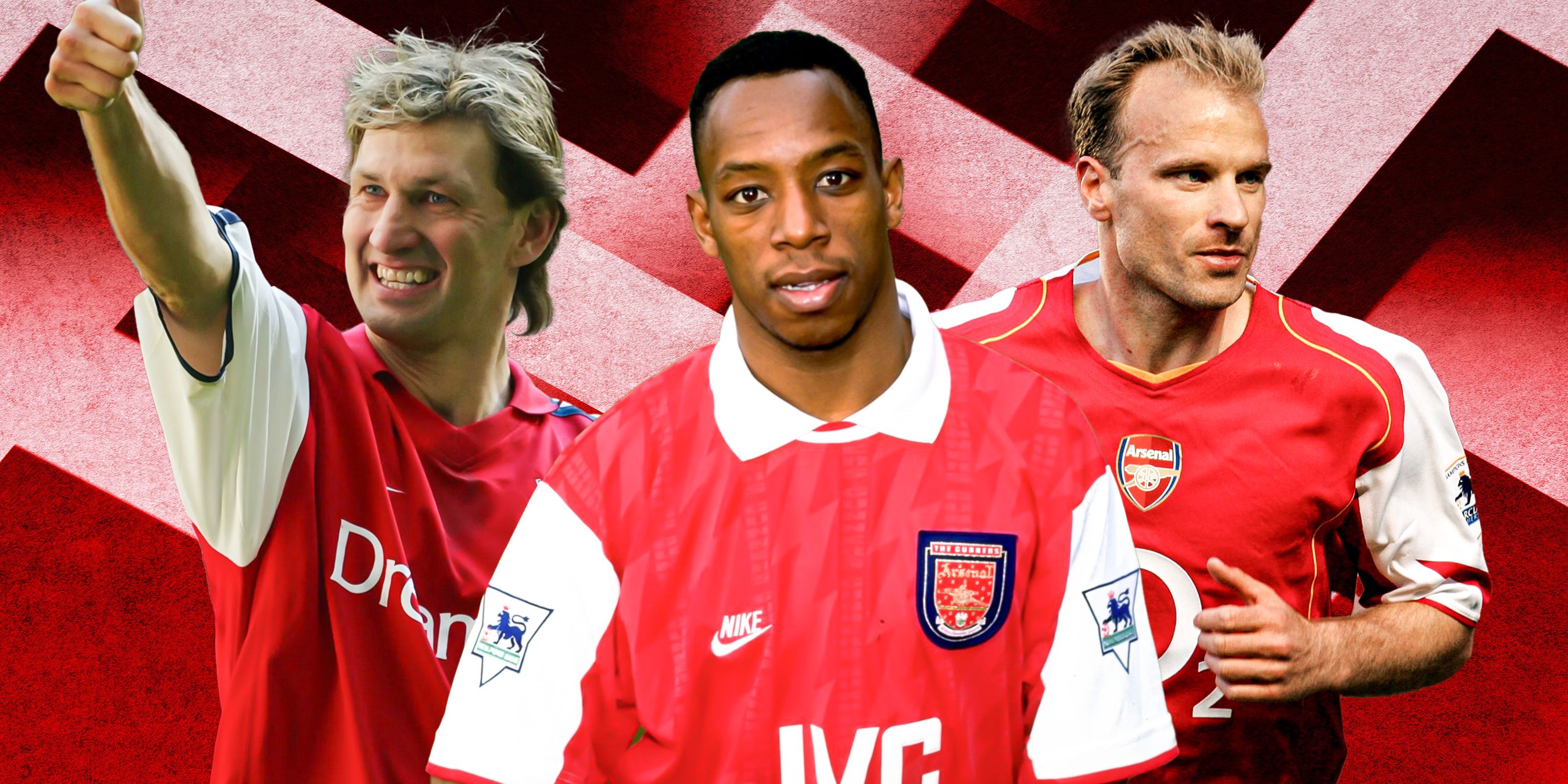 Ian Wright and on either side Dennis Bergkamp & Tony Adams all in Arsenal kit