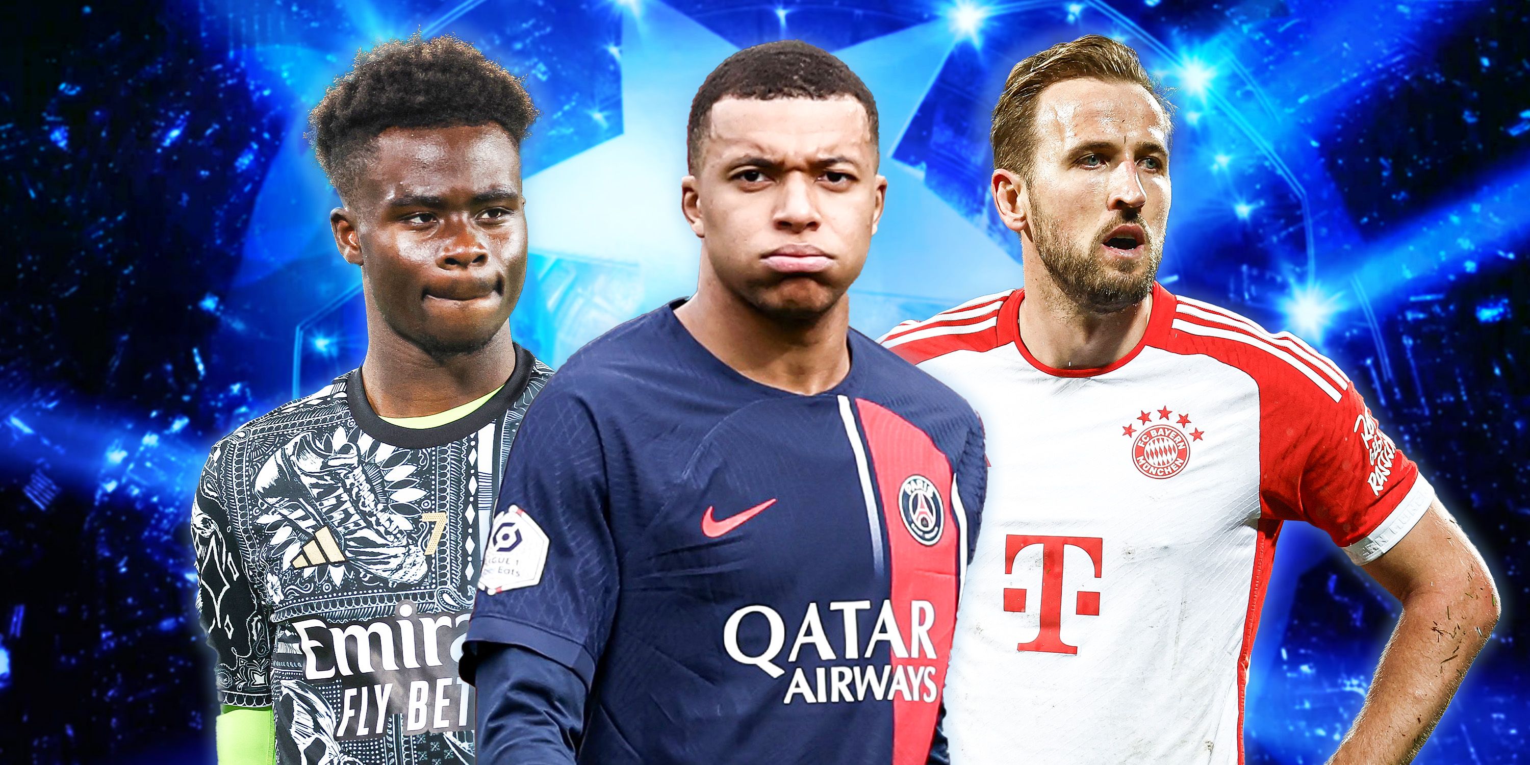 Harry Kane in a Bayern Munich shirt, Kylian Mbappe in a PSG shirt, Bukayo Saka in an Arsenal shirt - all looking unhappy with Champions League theme in background