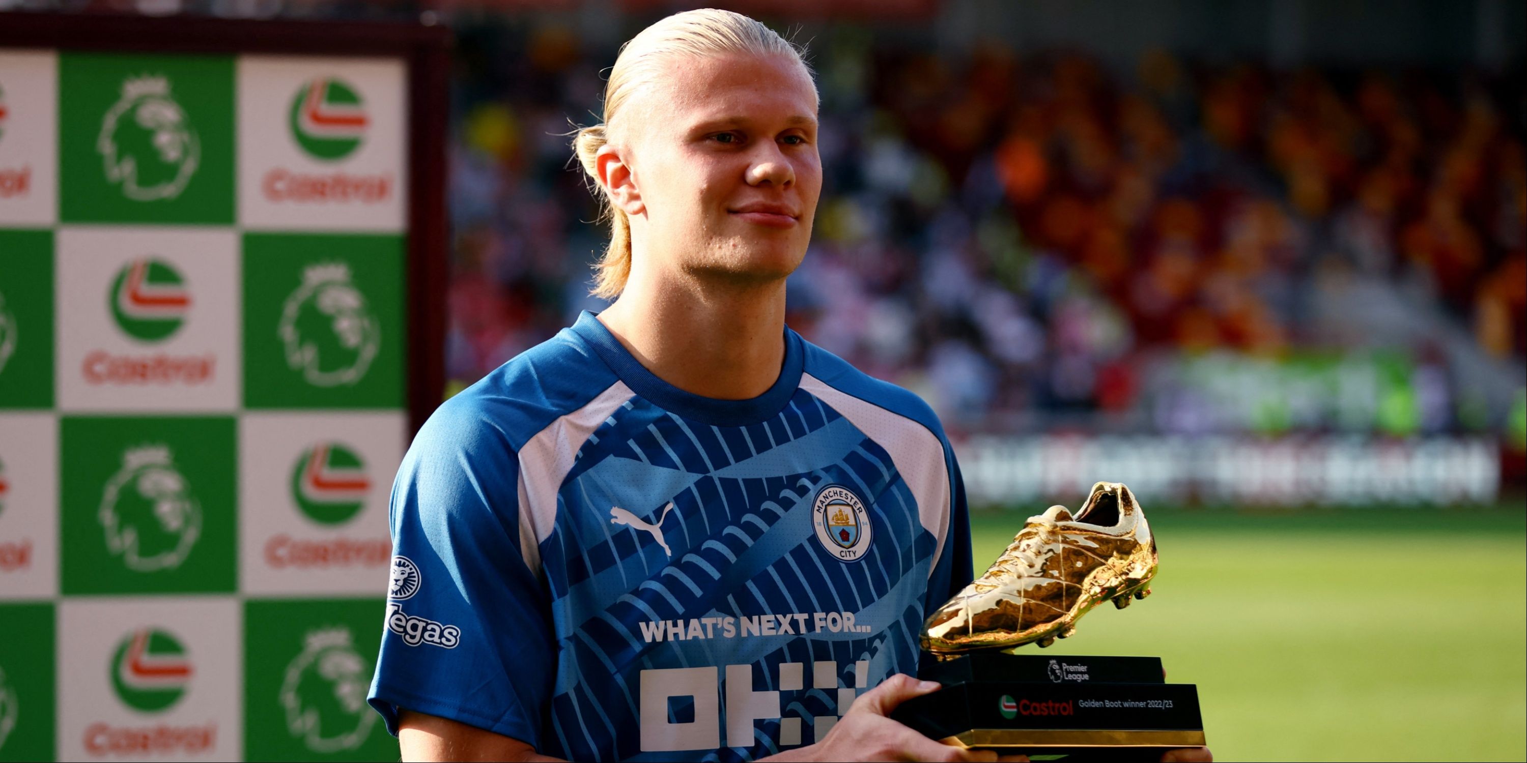 Manchester City's Erling Haaland poses with the Golden Boot. 
