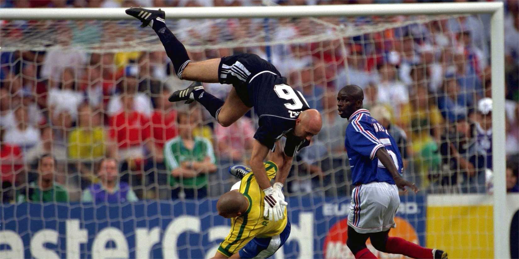 Fabian Barthez taking to the skies for France in the 1998 World Cup final