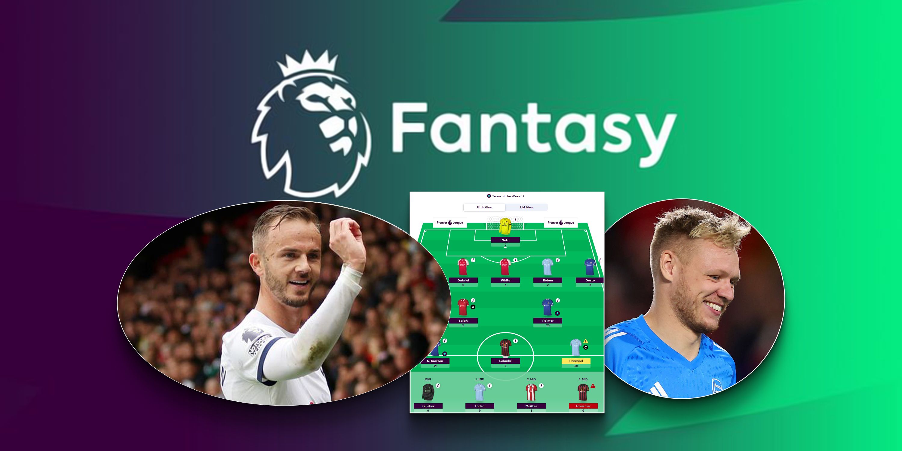 fantasy2James Maddison throwing dart celebration, Aaron Ramsdale smiling - with a screenshot of a fantasy team