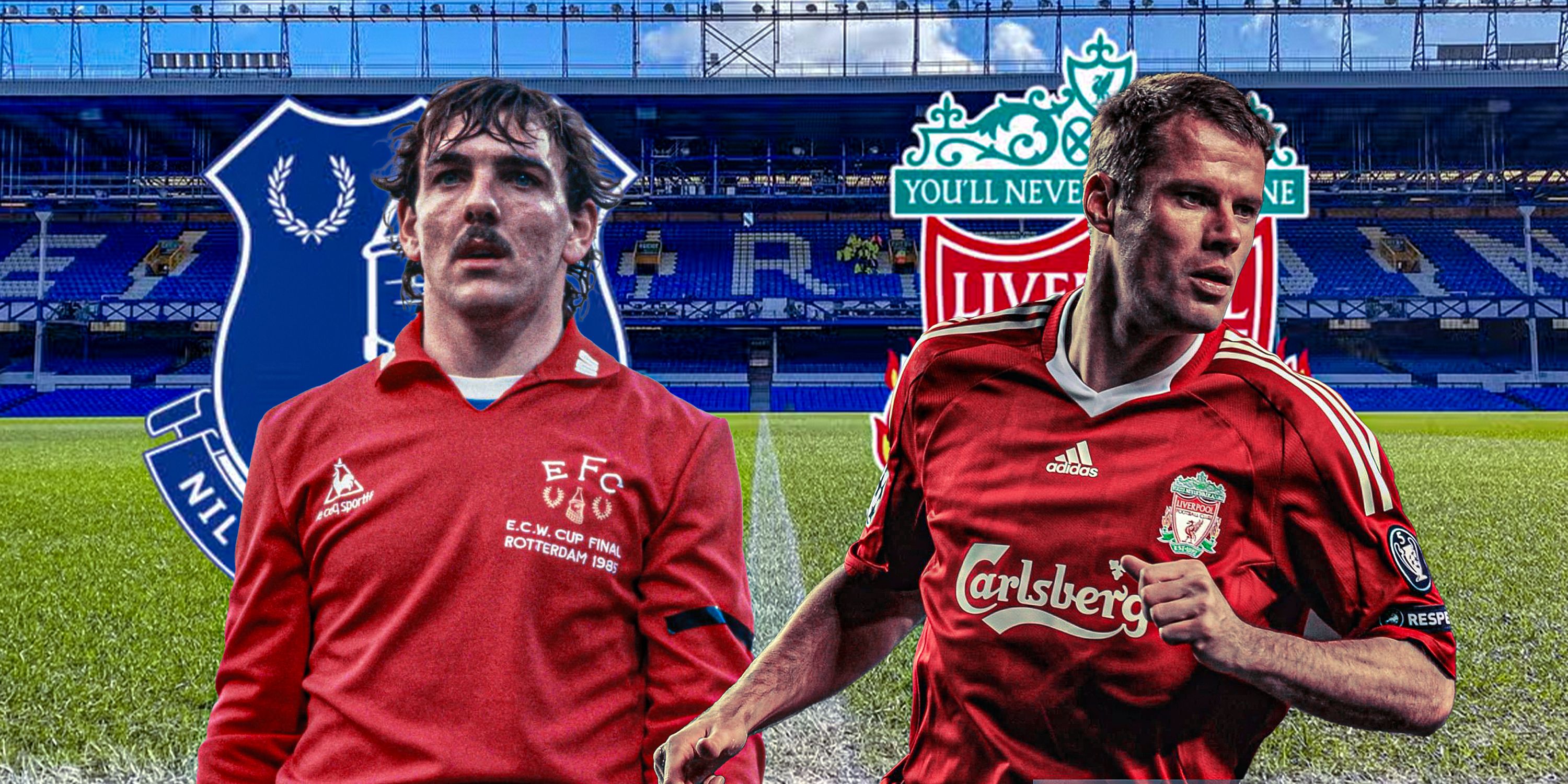 A Goodison Park background featuring Everton's Neville Southall and Liverpool's Jamie Carragher against their respective club badges.