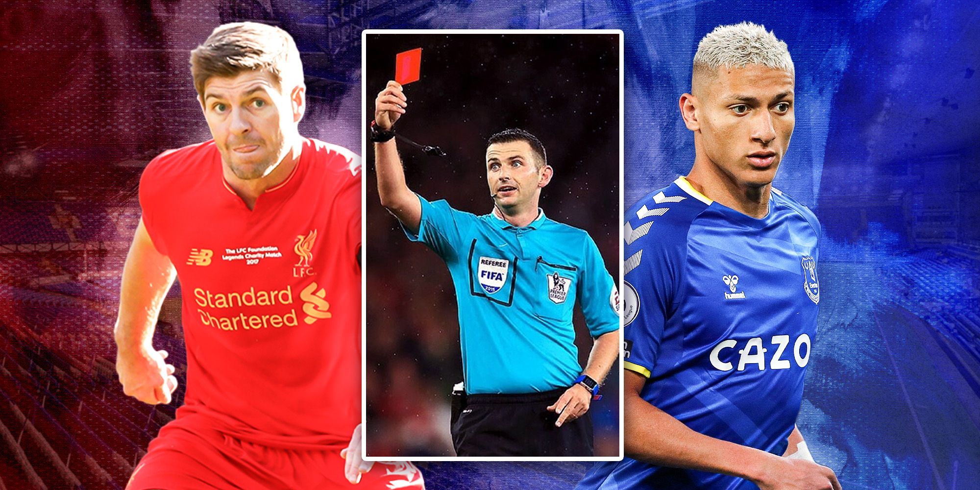 Liverpool's Steven Gerrard, referee Michael Oliver showing a red card and Everton's Richarlison.