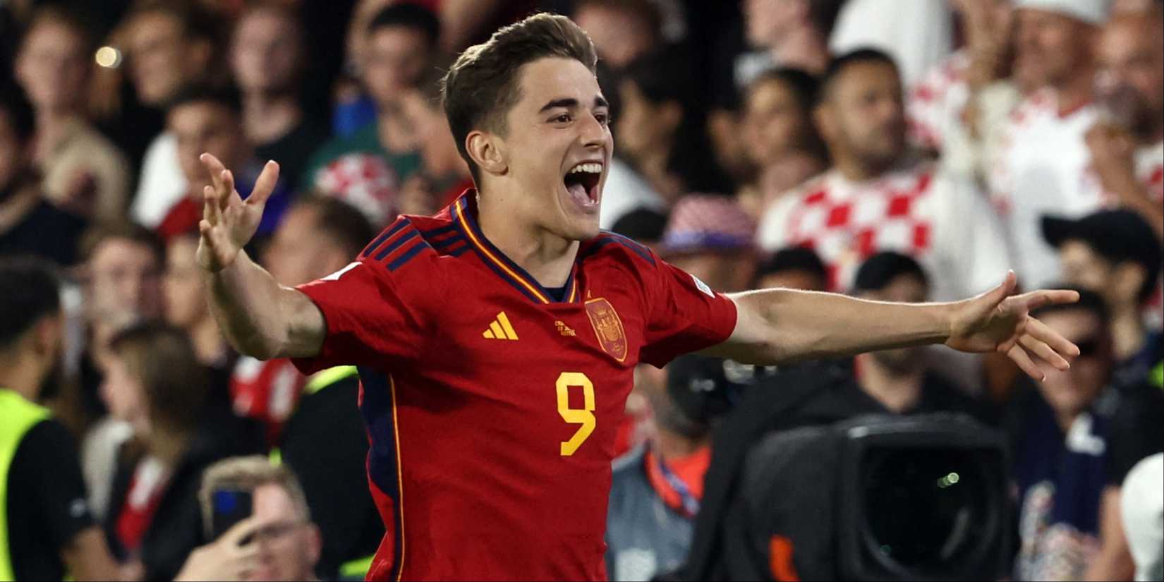 Gavi celebrates scoring for Spain. 
