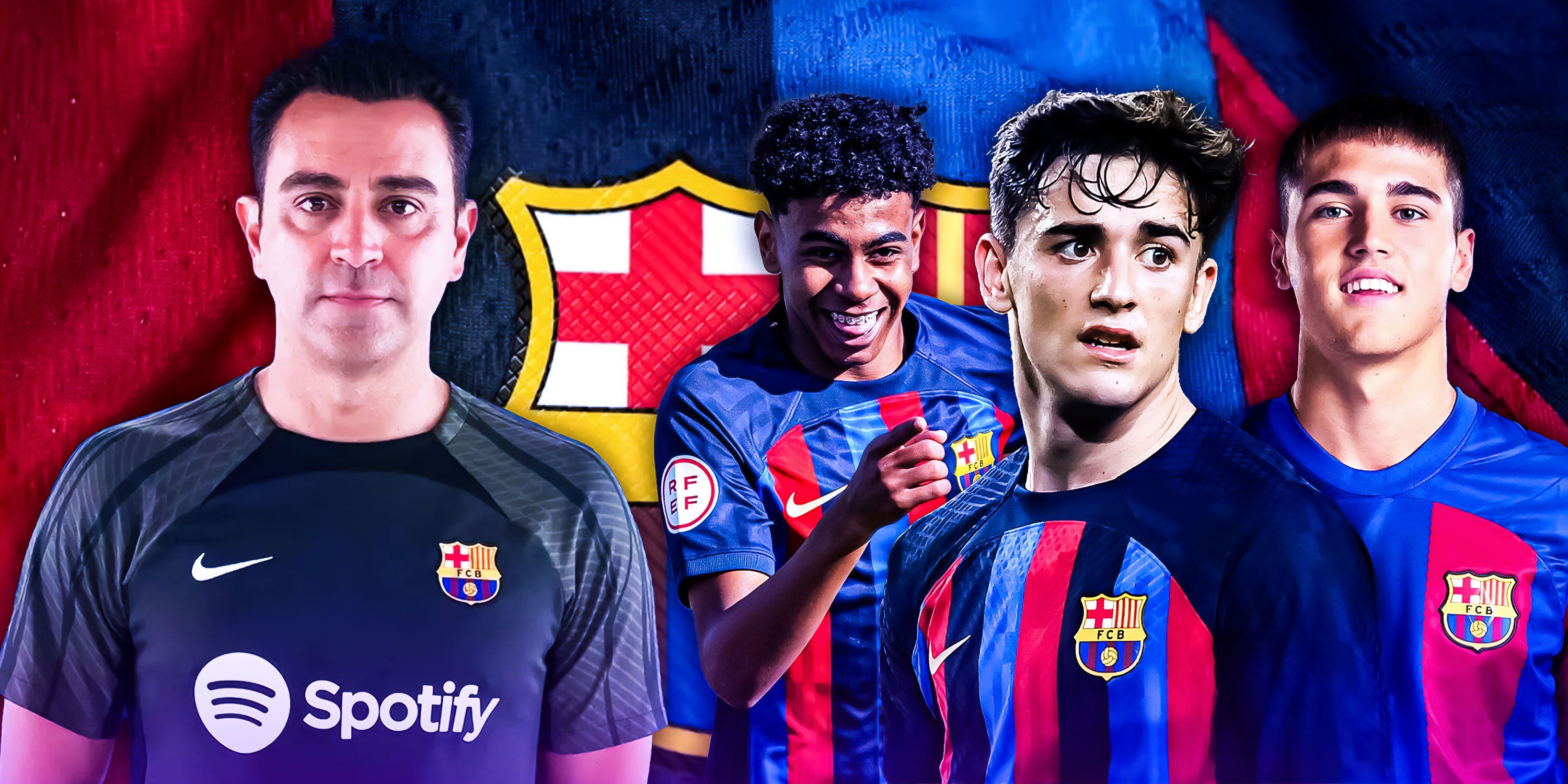 A picture of manager Xavi on side and then on the other Gavi, Lamine Yamal, and Pau Cubarsi with Barcelona logo and theme background