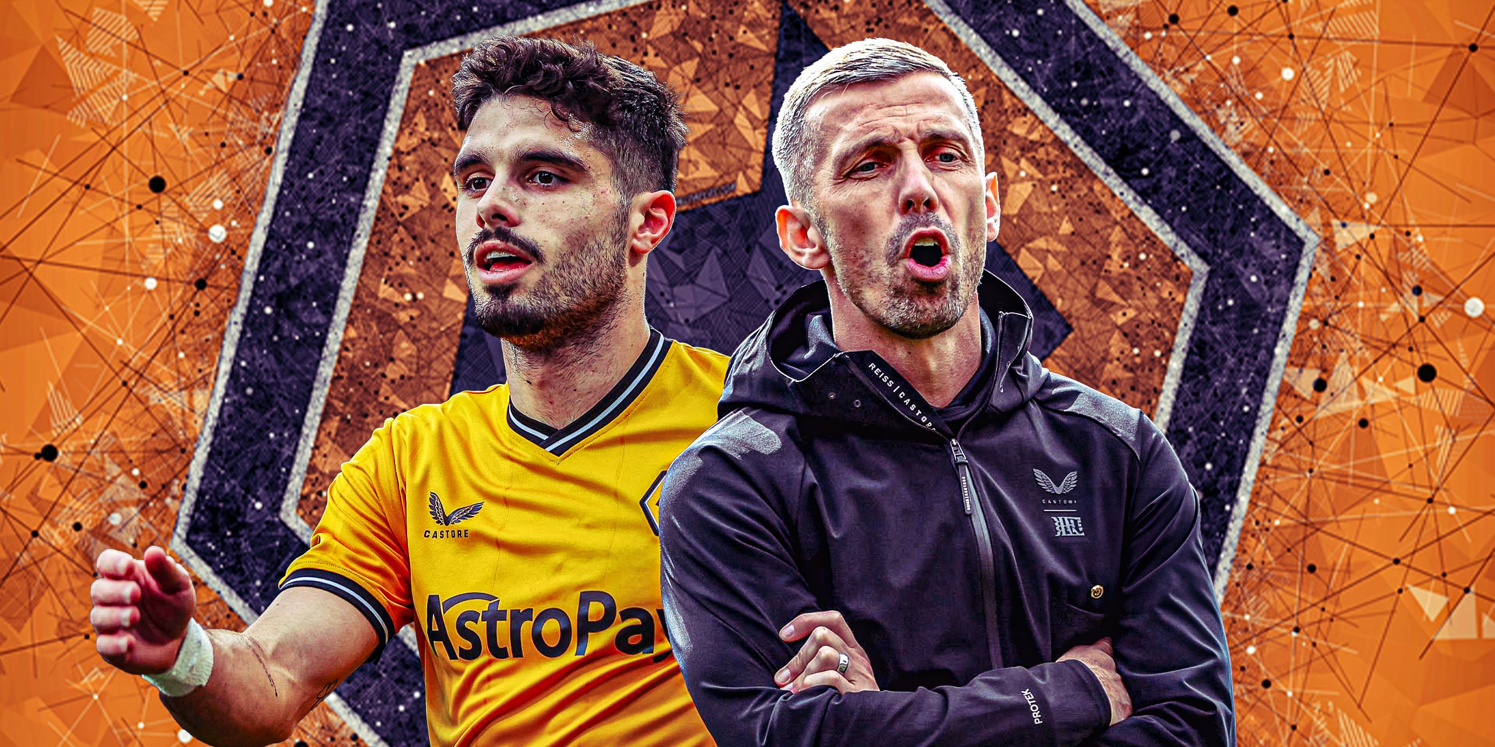 Wolves manager Gary O'Neil and Pedro Neto with Wolves badge/theme