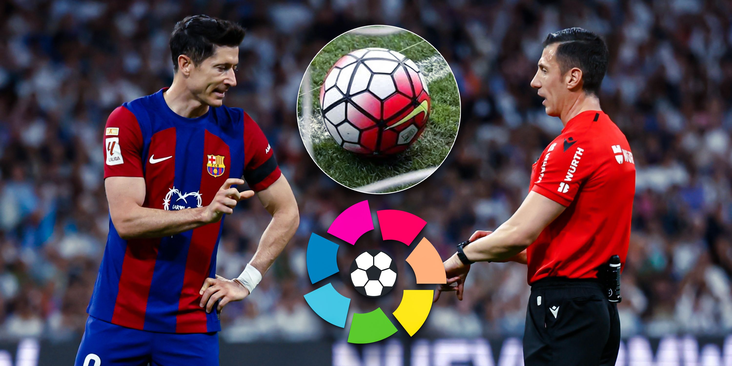La Liga logo and  a picture of a ball nearly crossing the line with Robert Lewandowski