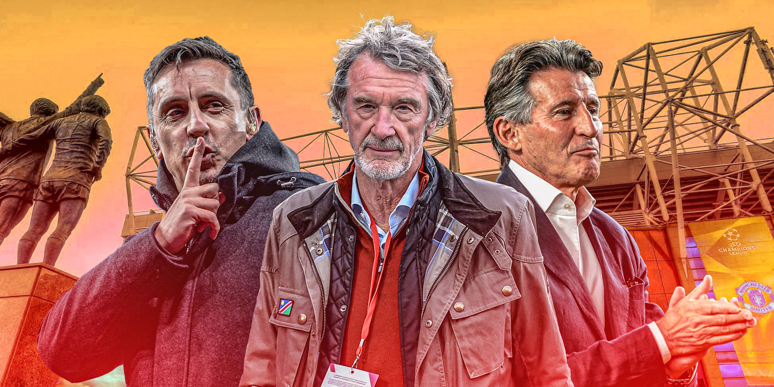 Gary Neville, Sir Jim Ratcliffe and Sebastien Coe in front of Old Trafford in a collage.