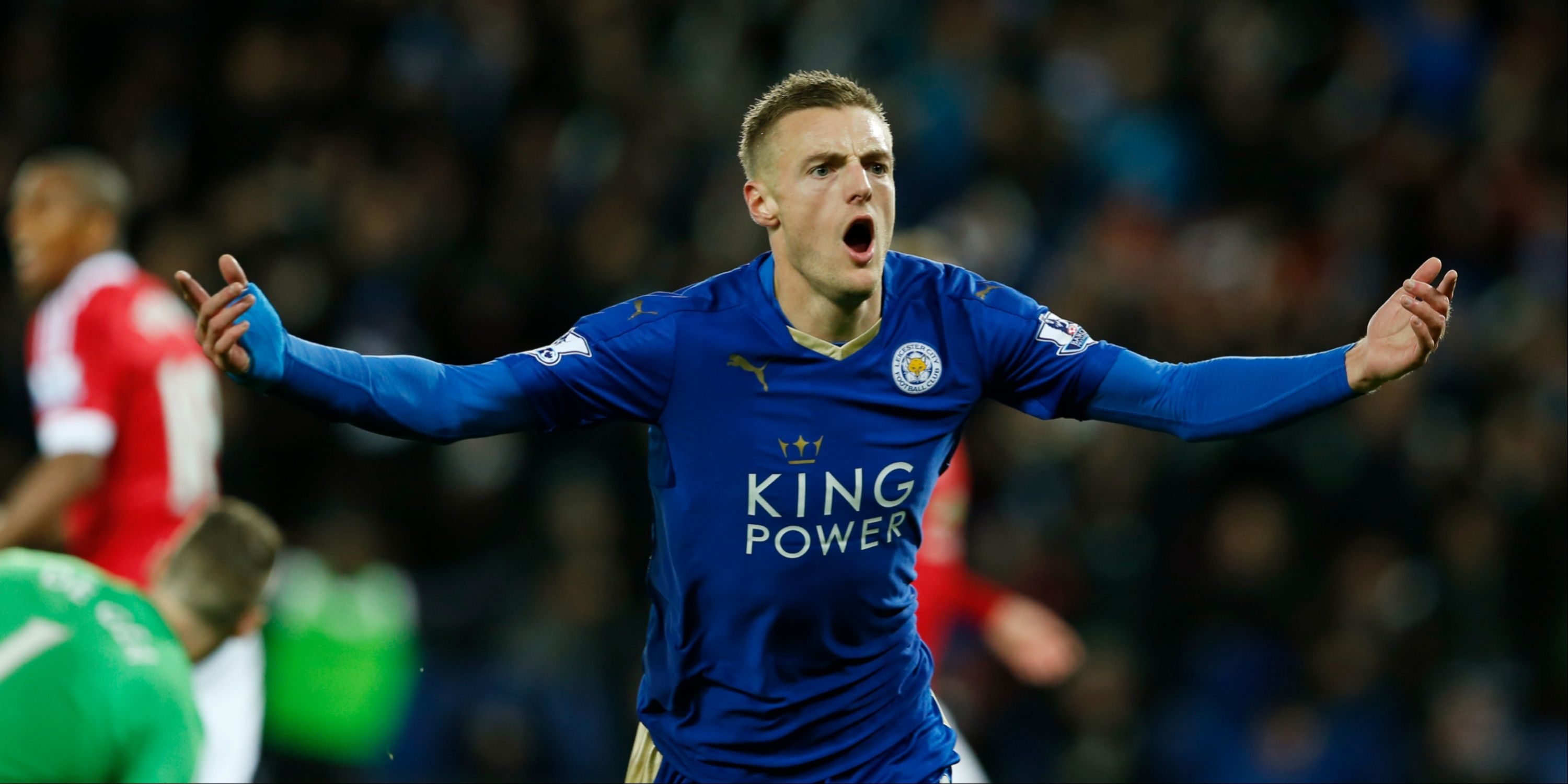 Leicester City's Jamie Vardy celebrates scoring against Manchester United. 