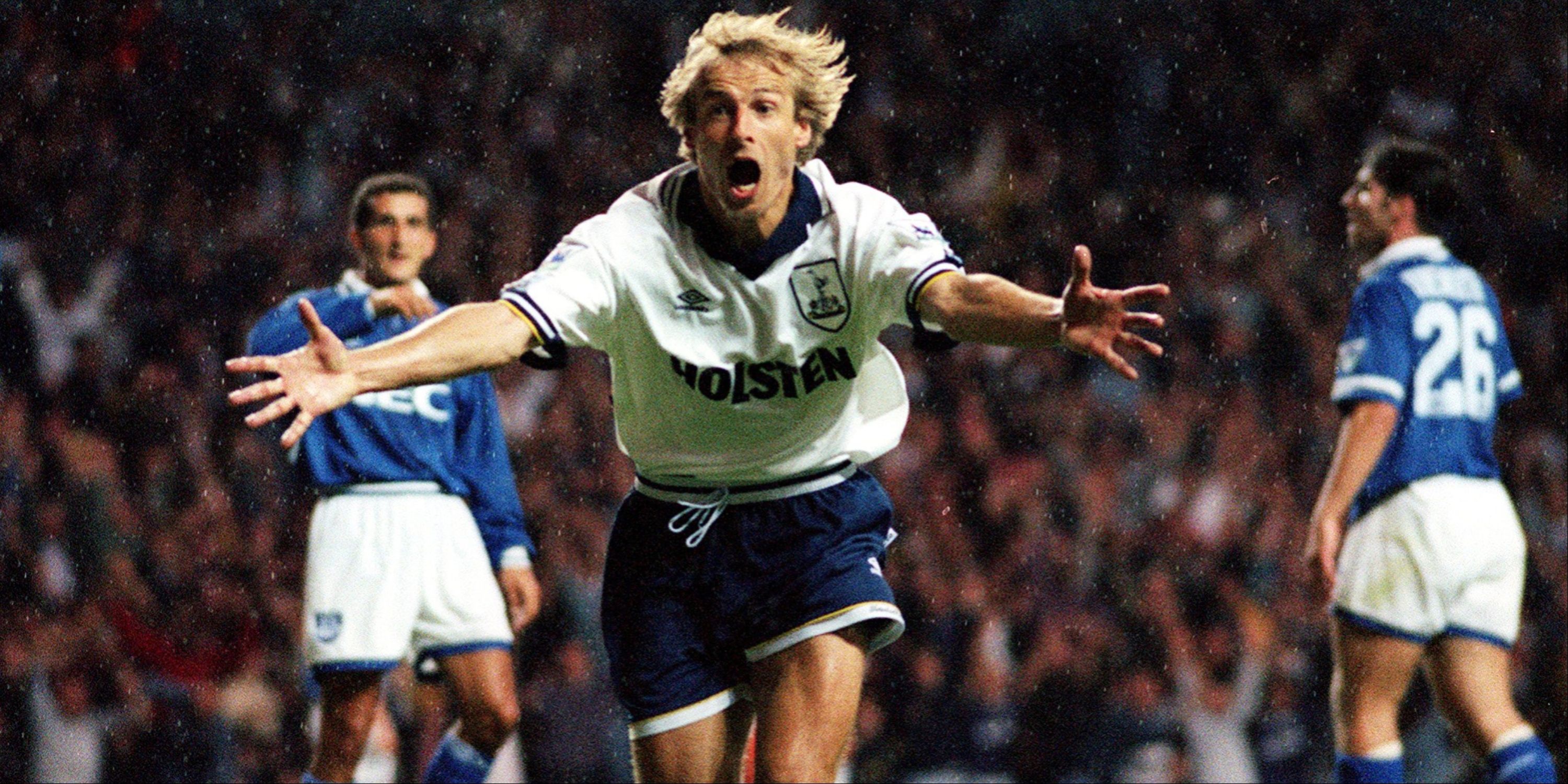 Jurgen Klinsmann celebrates scoring for Tottenham Hotspur against Everton. 