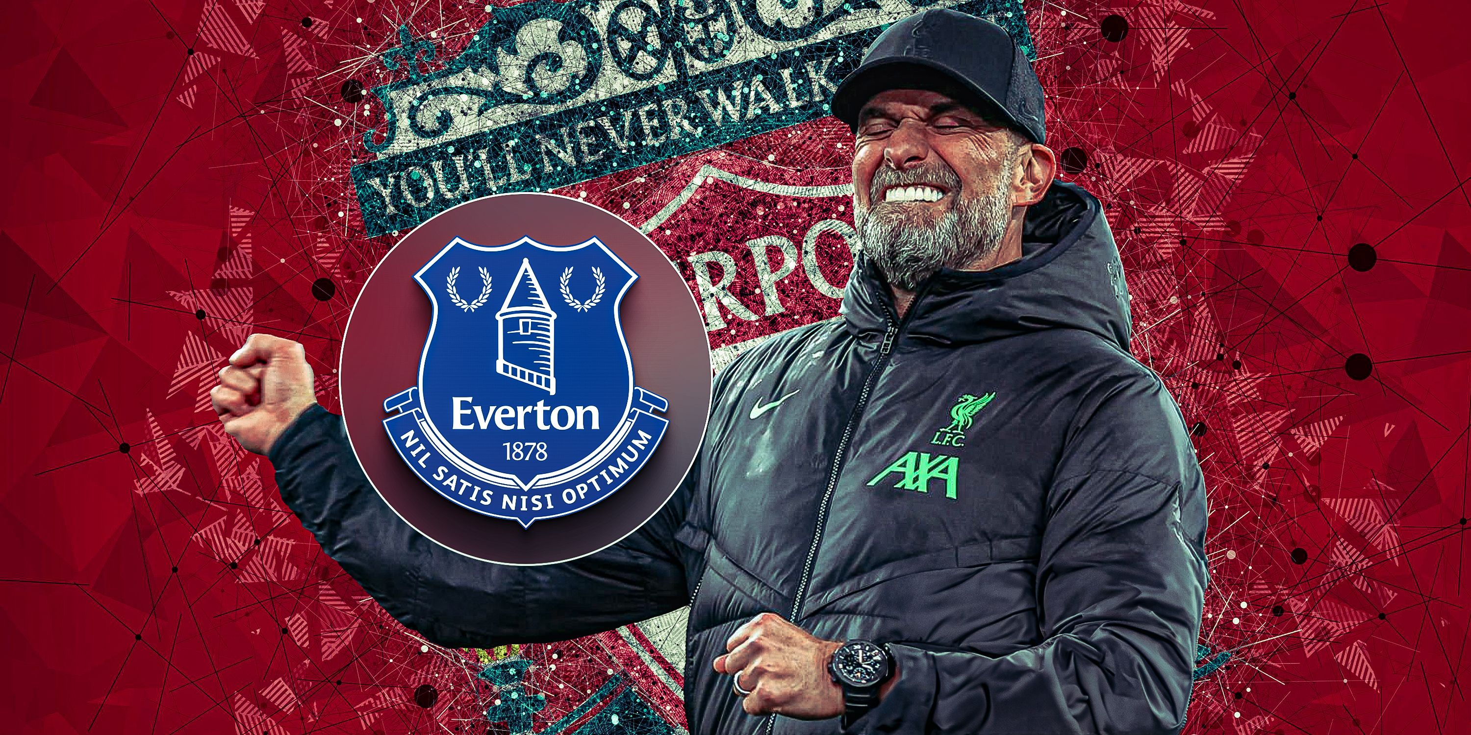 A custom image of Jurgen Klopp celebrating next to the Everton badge