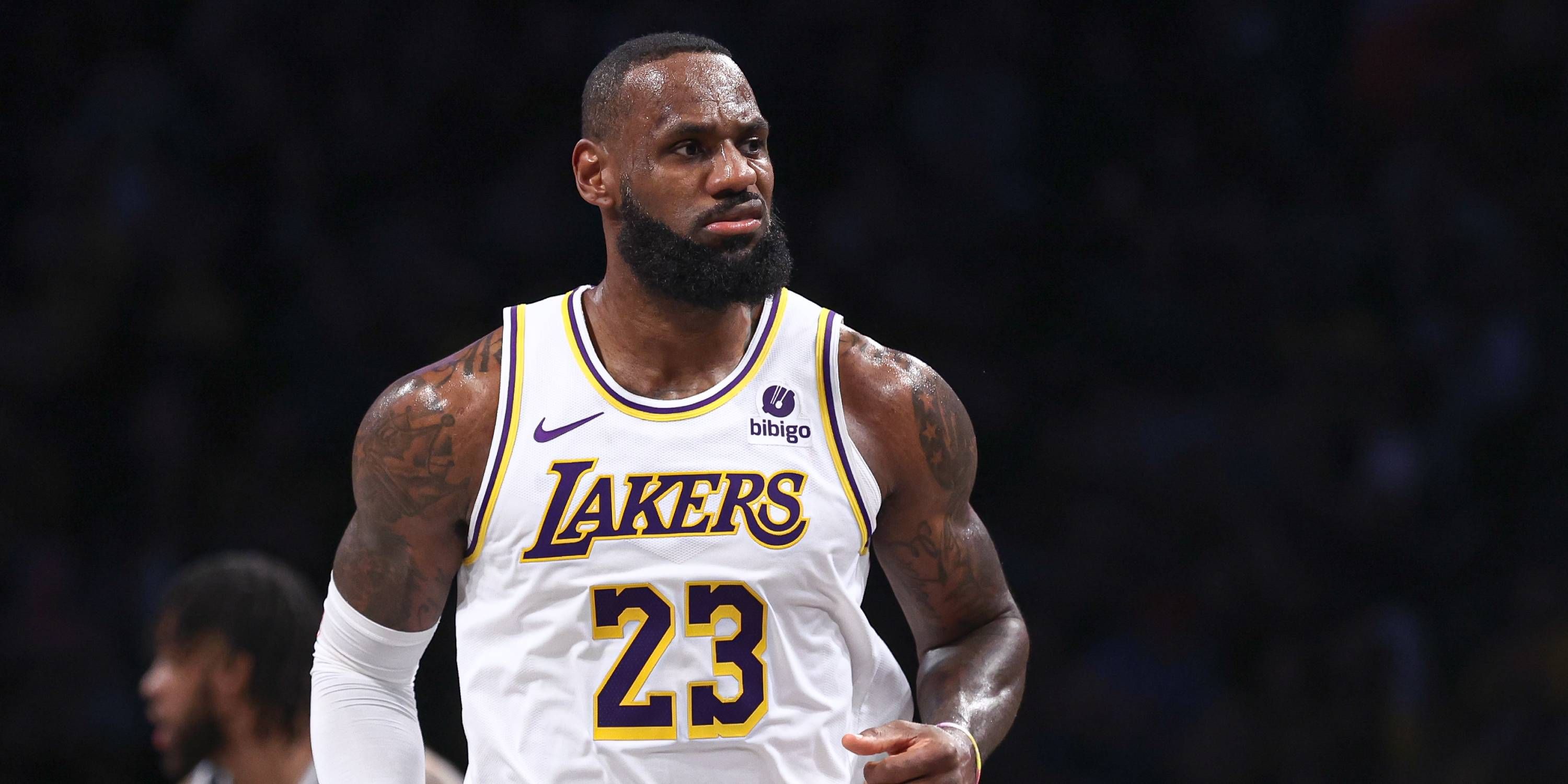 LeBron James reacts after a play against the Brooklyn Nets.