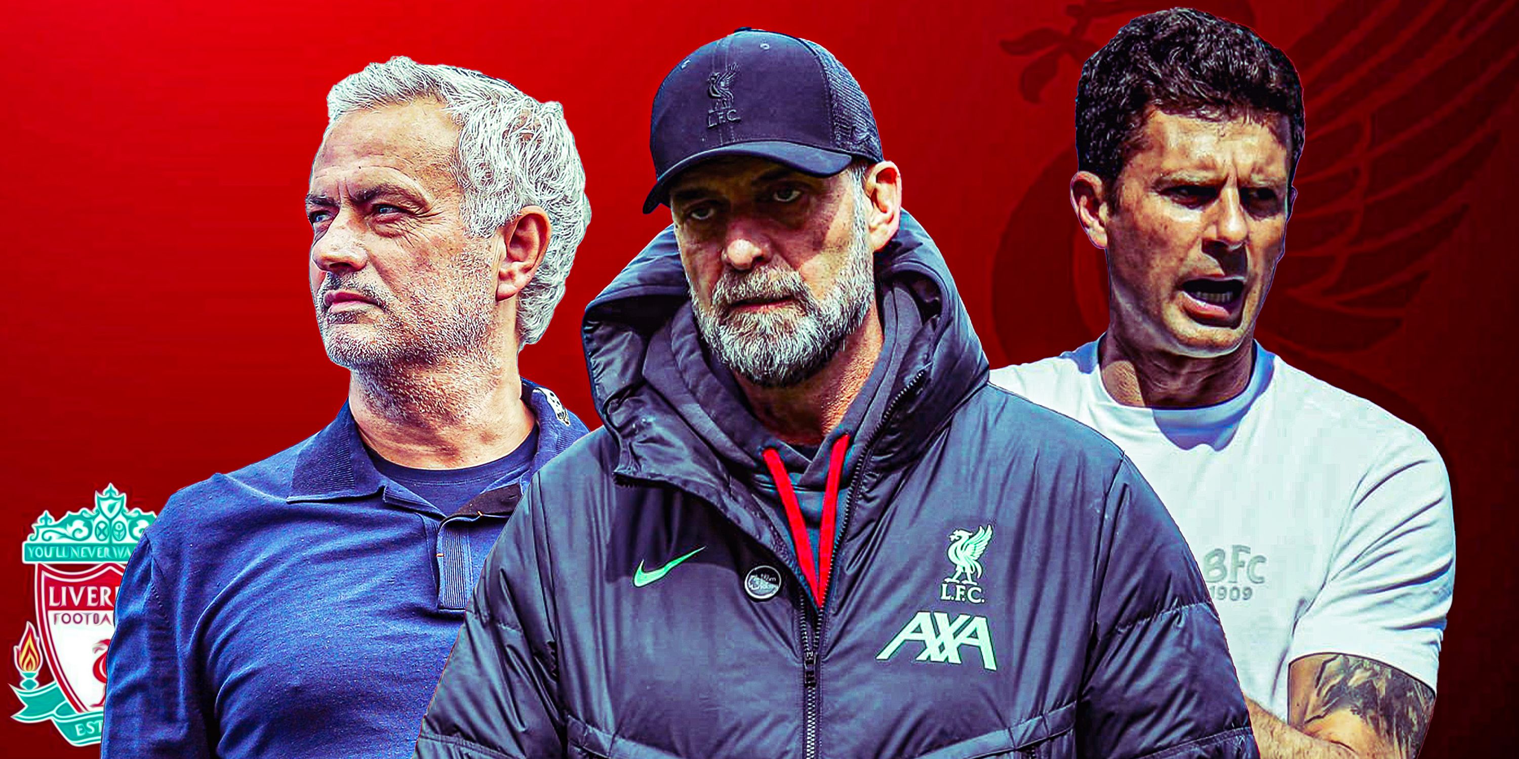 Jurgen Klopp in the middle with Jose Mourinho and Thiago Motta on either side with Liverpool badge and theme 