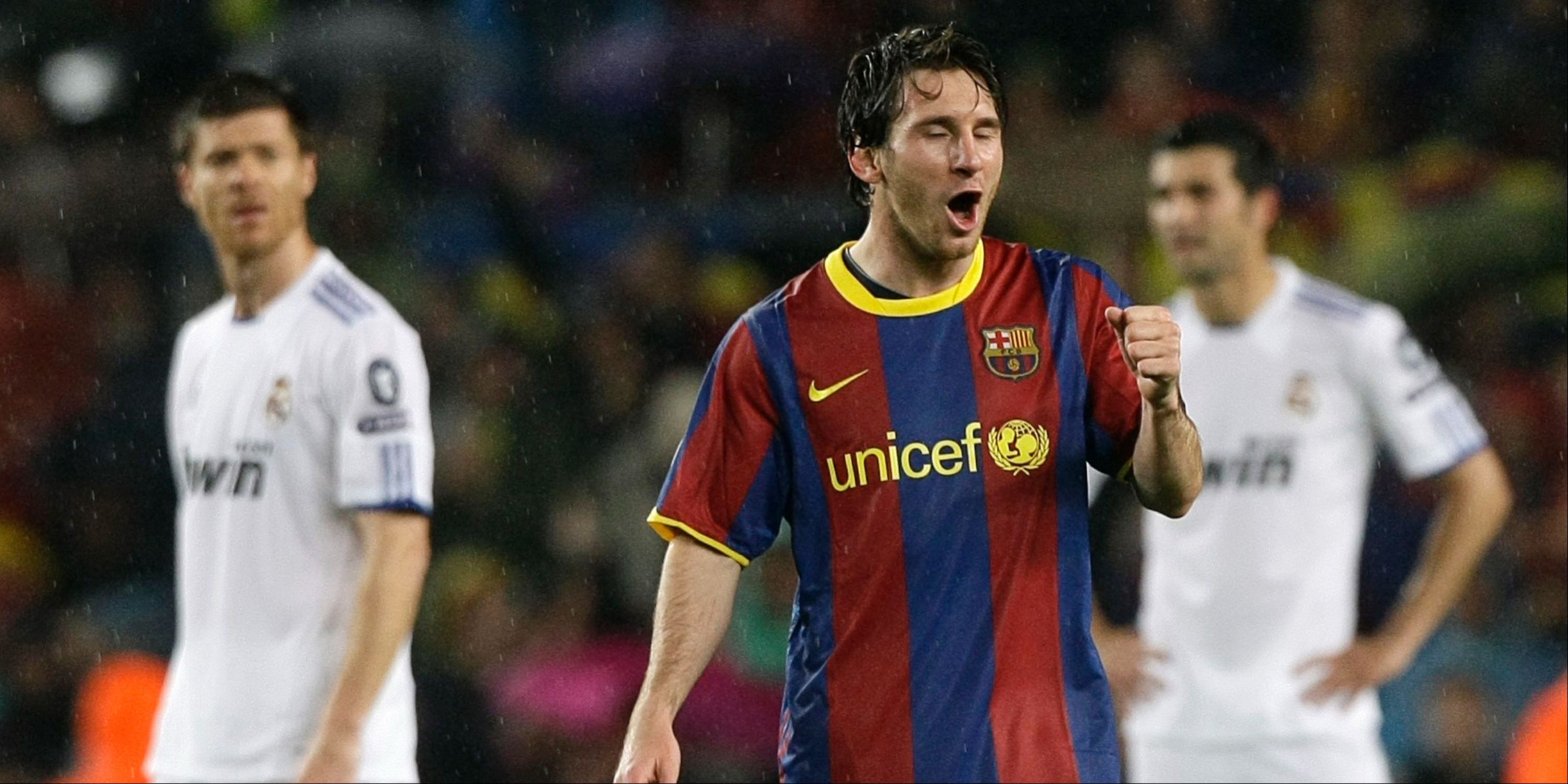 Barcelona's Lionel Messi celebrates his goal against Real Madrid. 