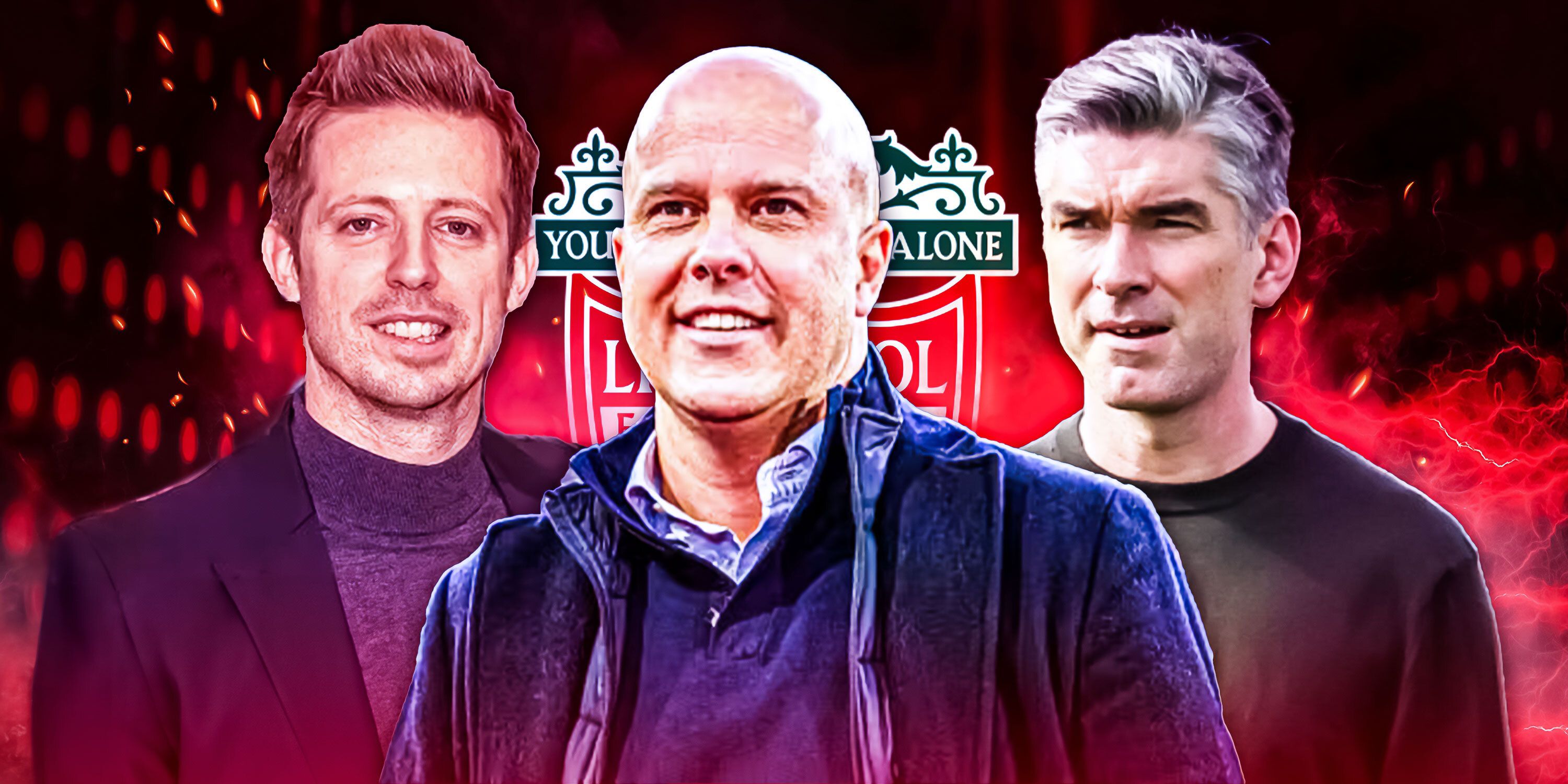 Fenway Sports Group chief executive of football Michael Edwards, Feyenoord boss Arne Slot and incoming Liverpool sporting director Richard Hughes