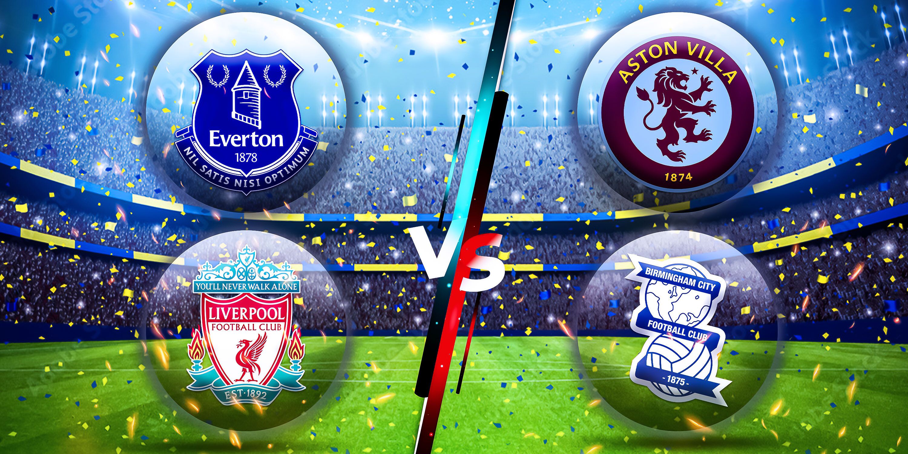 Everton, Liverpool, Aston Villa and Birmingham badges in front of a football background