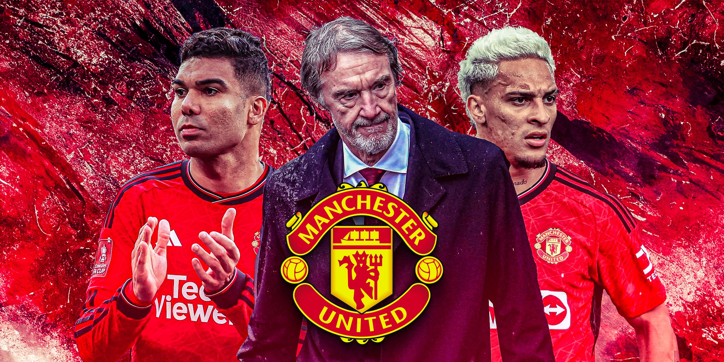 Sir Jim Ratcliffe on one side with Antony and Casemiro to one side plus Man Utd badge