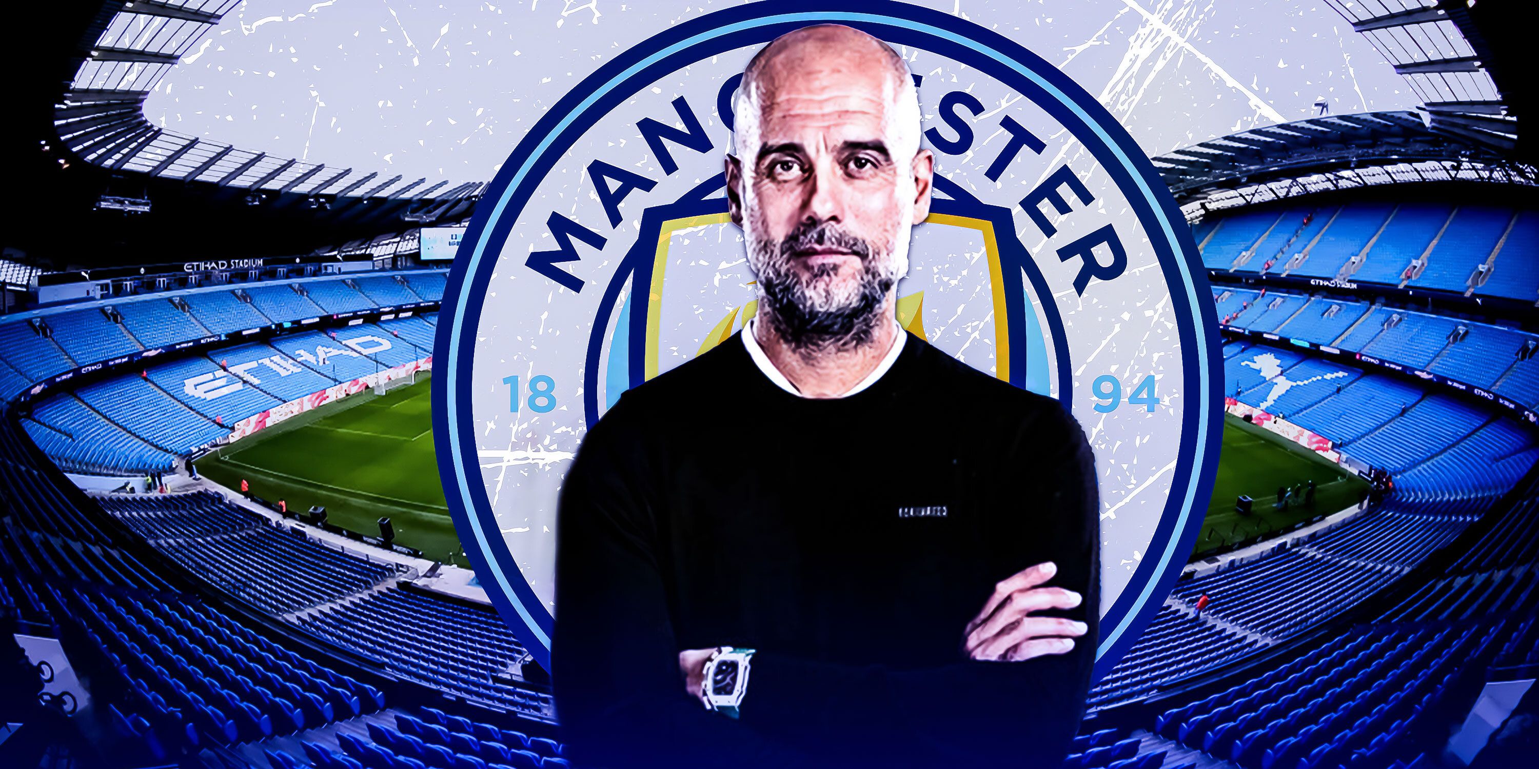 Manchester City boss Pep Guardiola in front of the Etihad Stadium