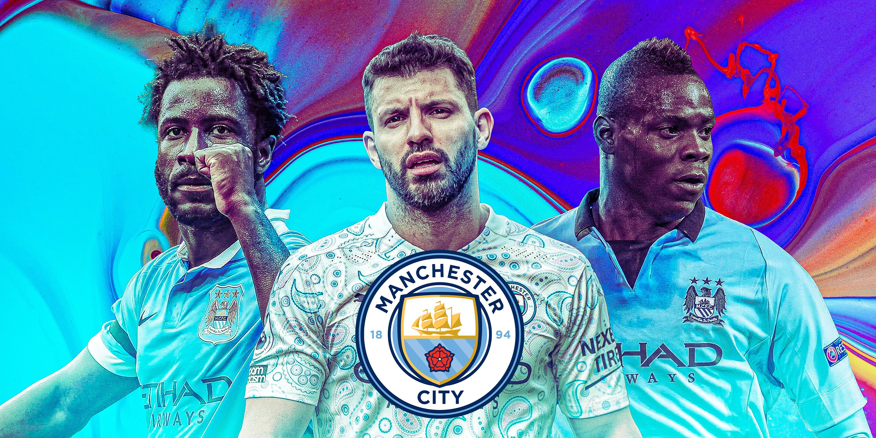 Sergio Aguero, Mario Balotelli and Wilfried Bony all in Man City kit with Man City badge in background