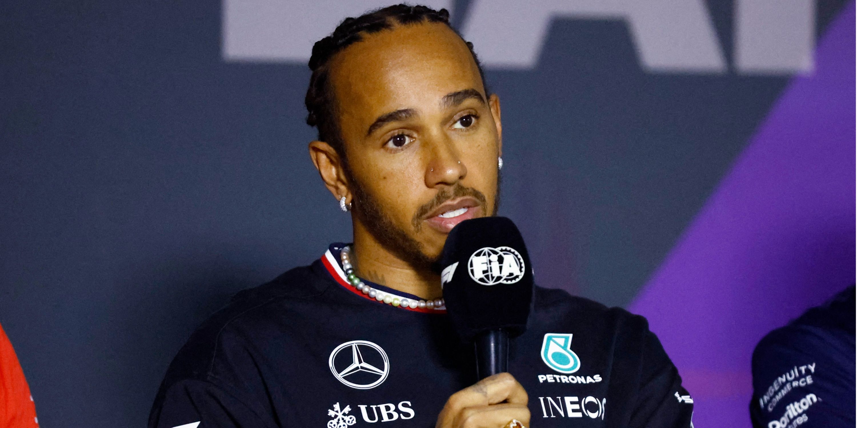 Lewis Hamilton during a presser