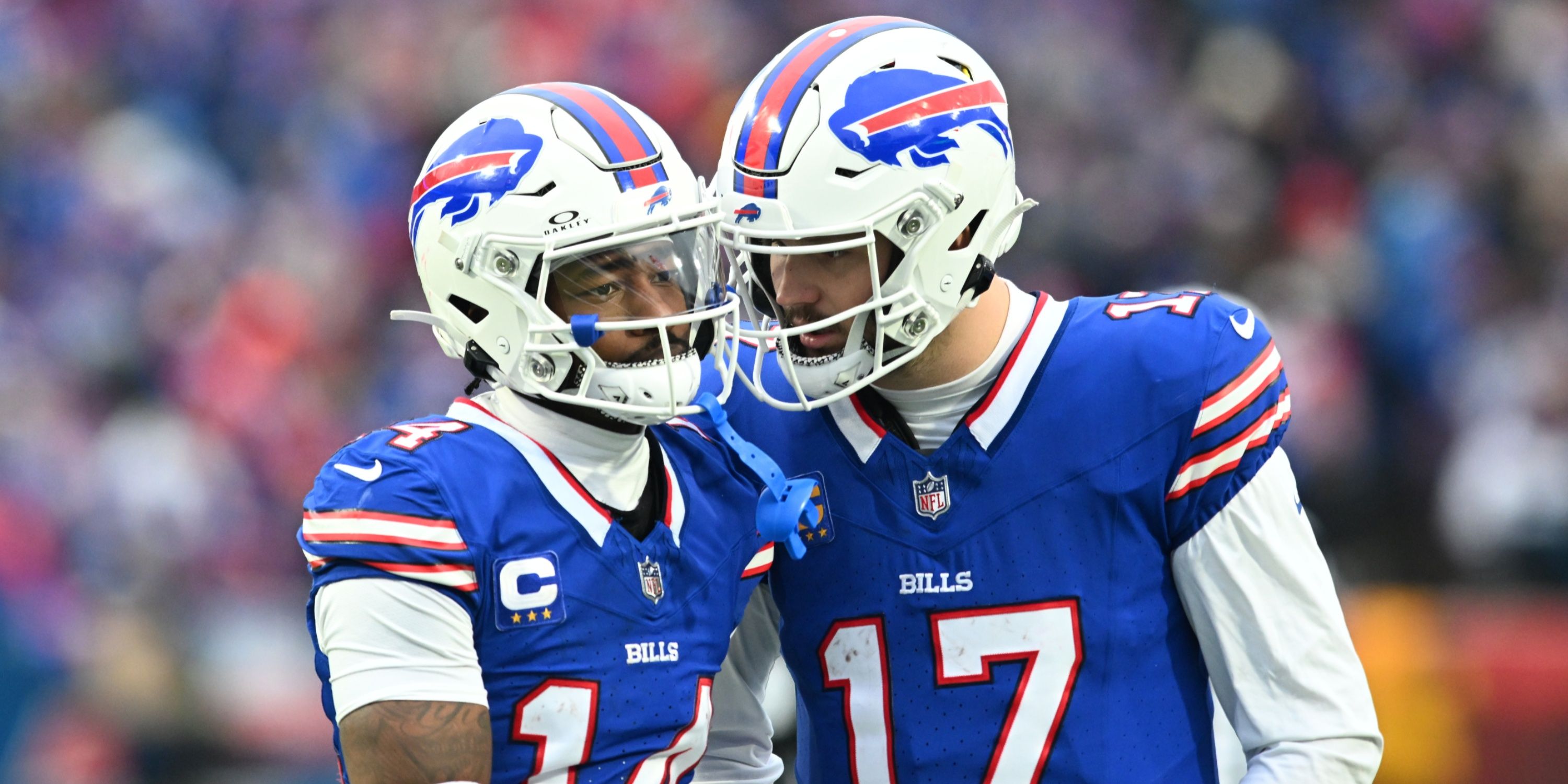 Josh Allen and Stefon Diggs celebrate a play 