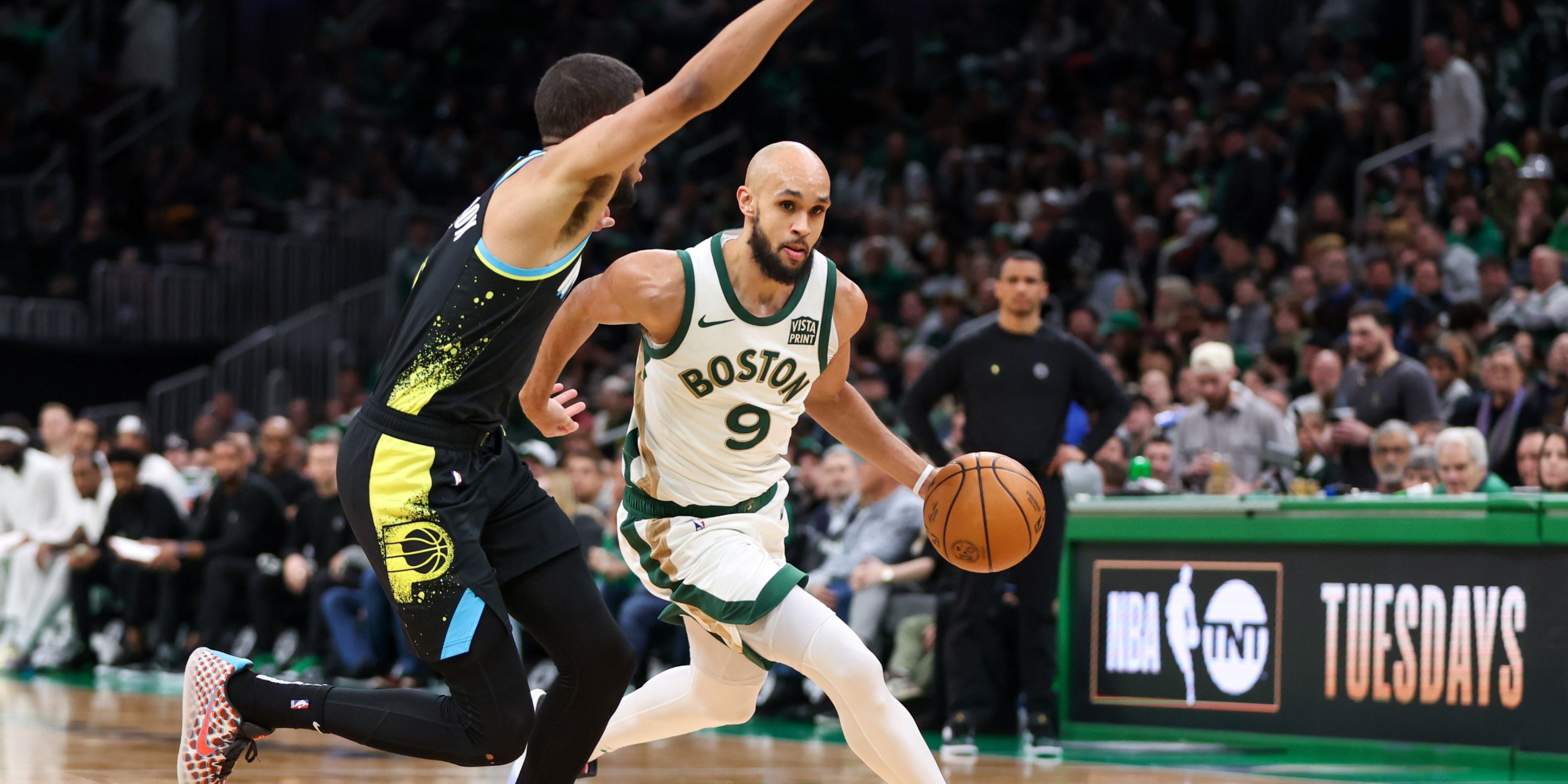 Celtics guard Derrick White dribbling