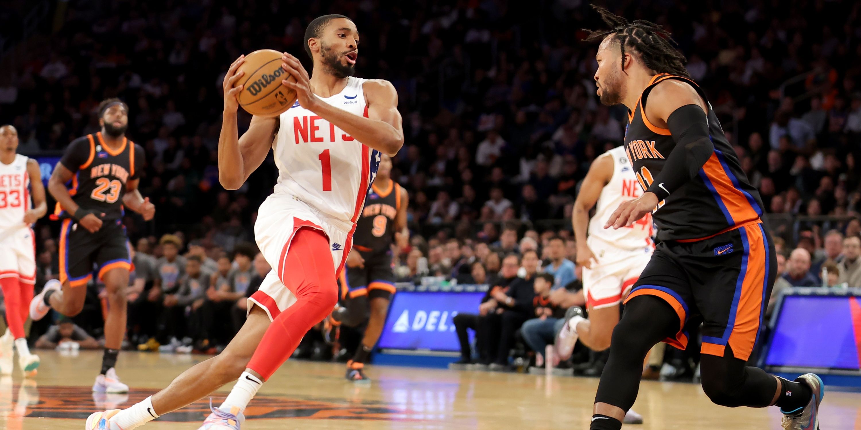 Nets forward Mikal Bridges attacks the rim in transition