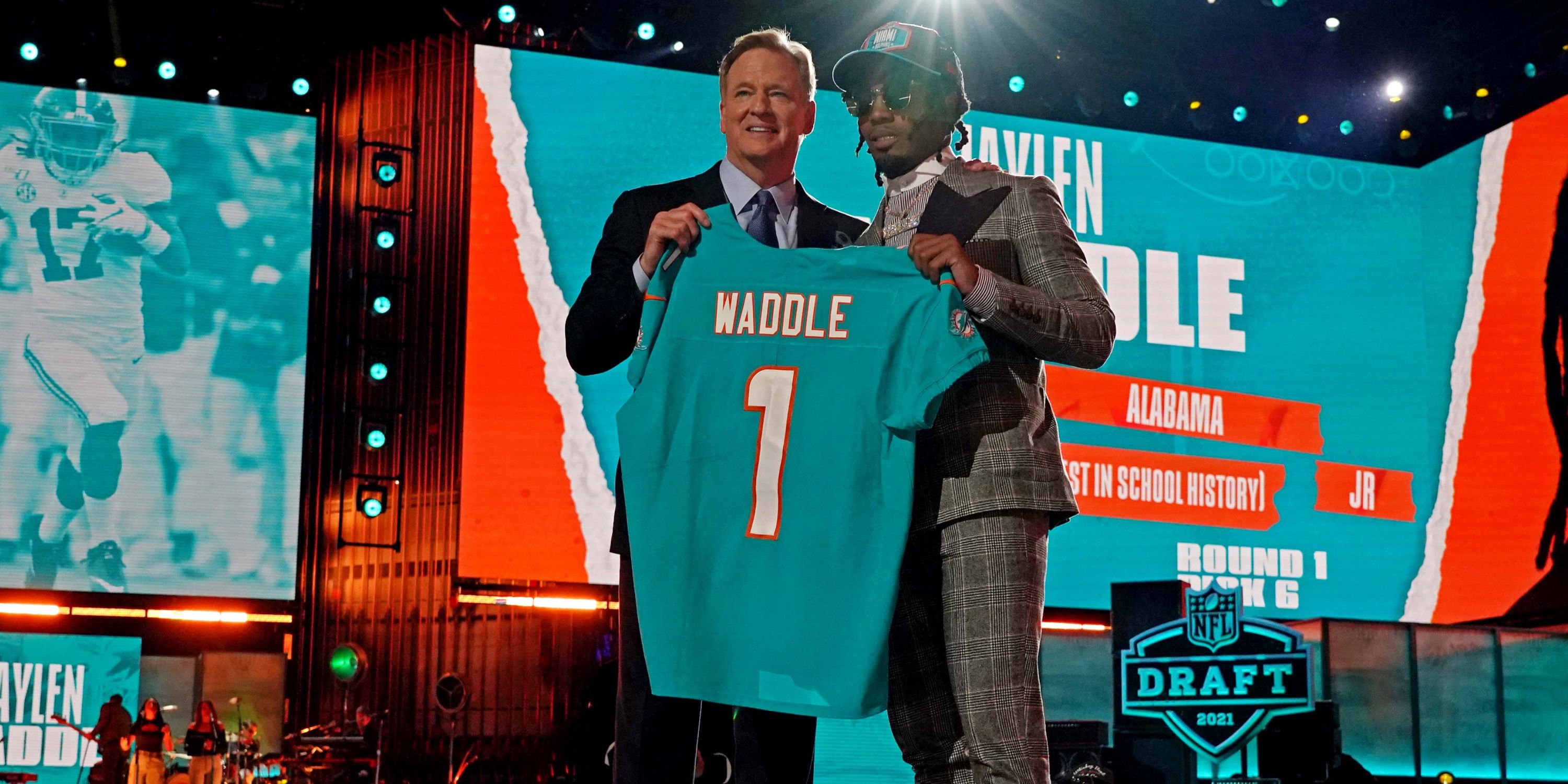 Jaylen Waddle on stage at the 2021 NFL Draft