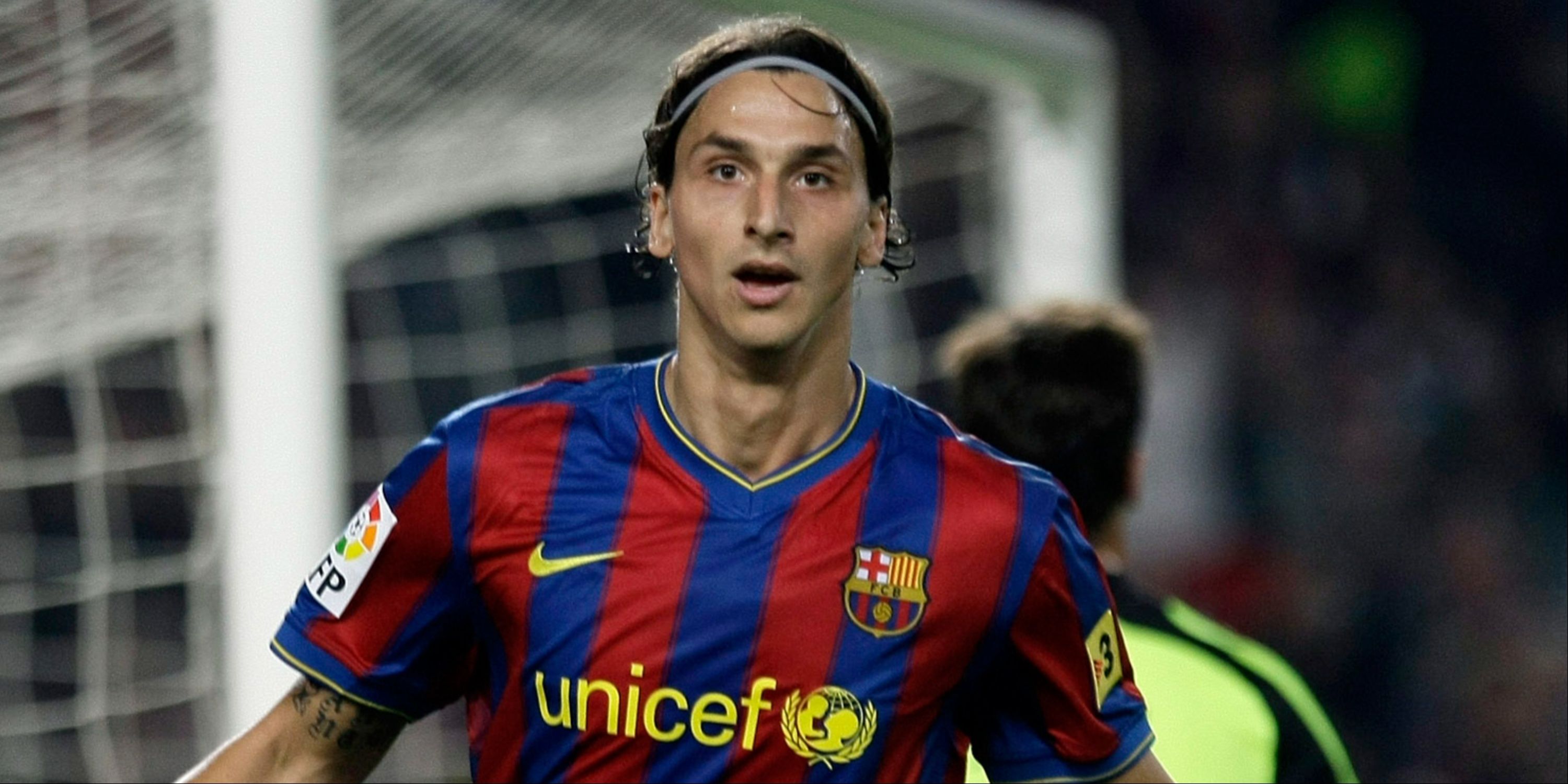 Zlatan Ibrahimovic celebrates scoring for Barcelona