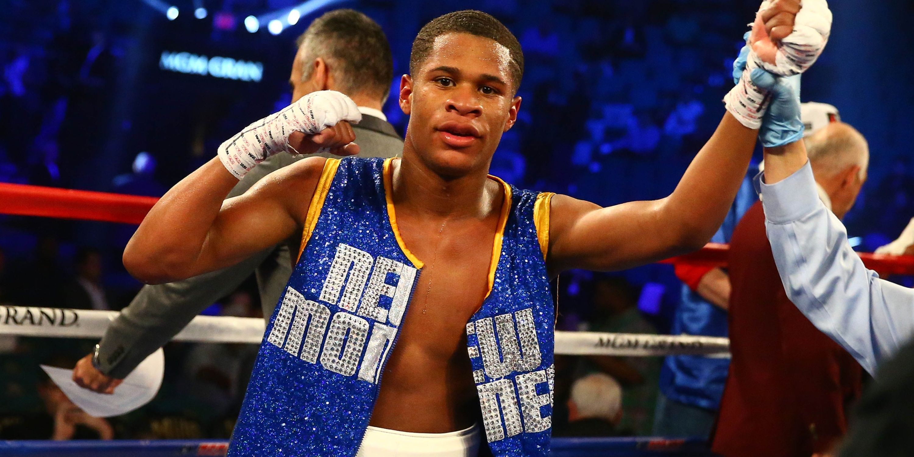 Devin Haney celebrating win.