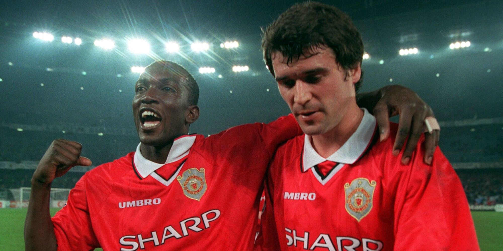 Roy Keane and Dwight Yorke after Man United's win against Juventus in 1999
