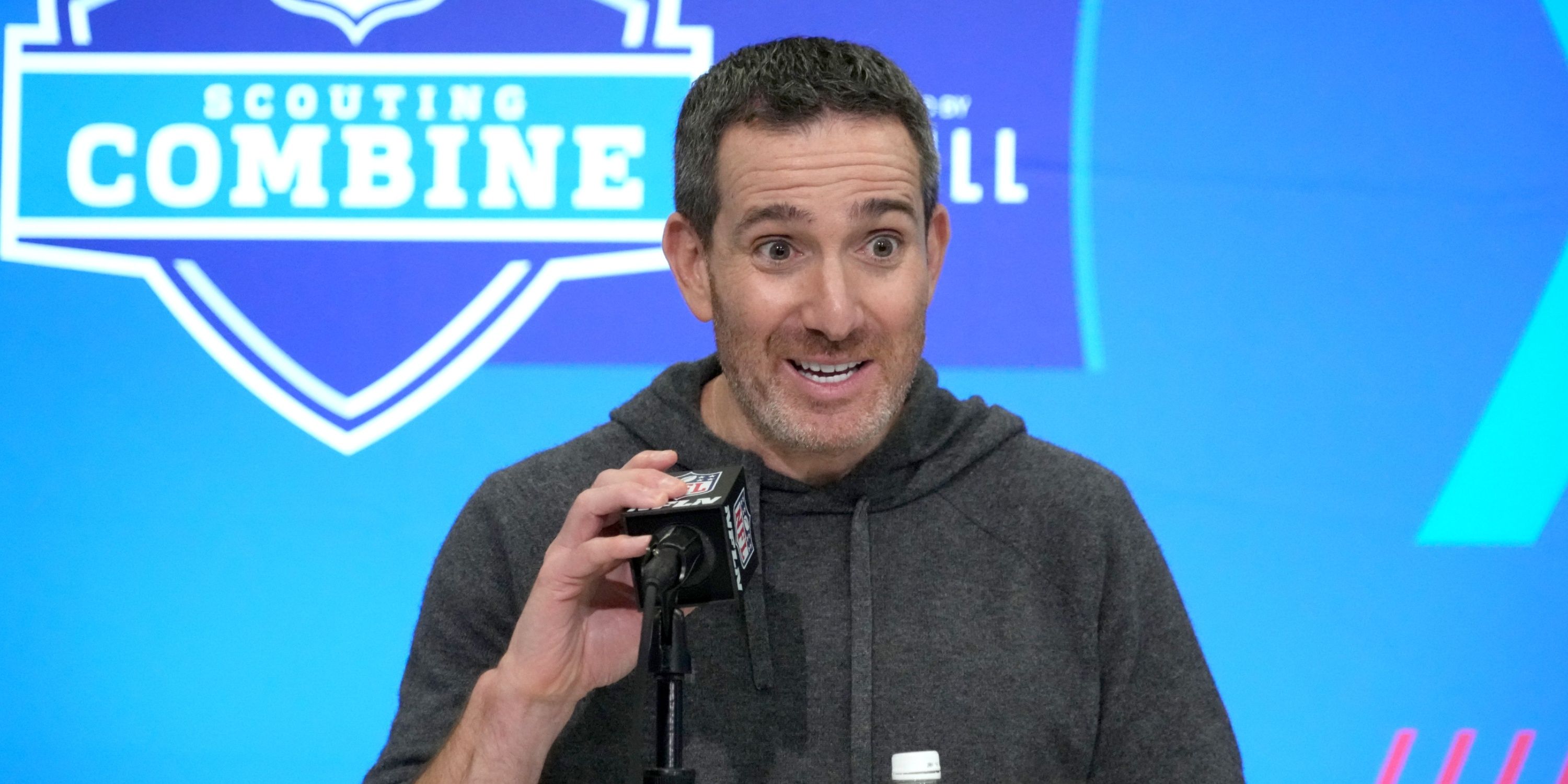 Howie Roseman takes questions at a press conference 