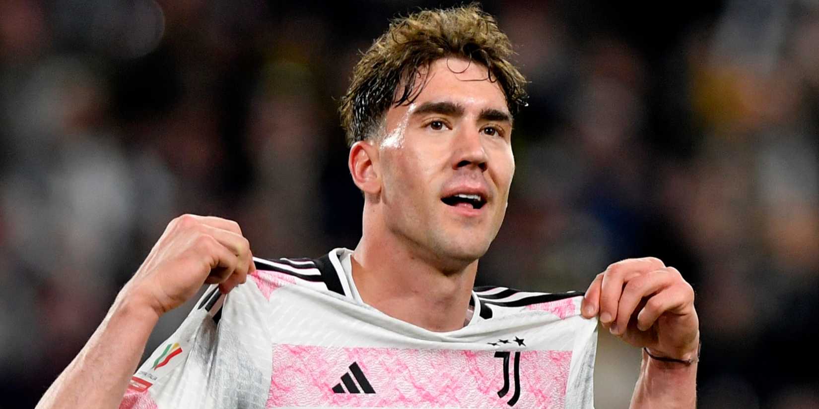 Juventus striker Dusan Vlahovic celebrating