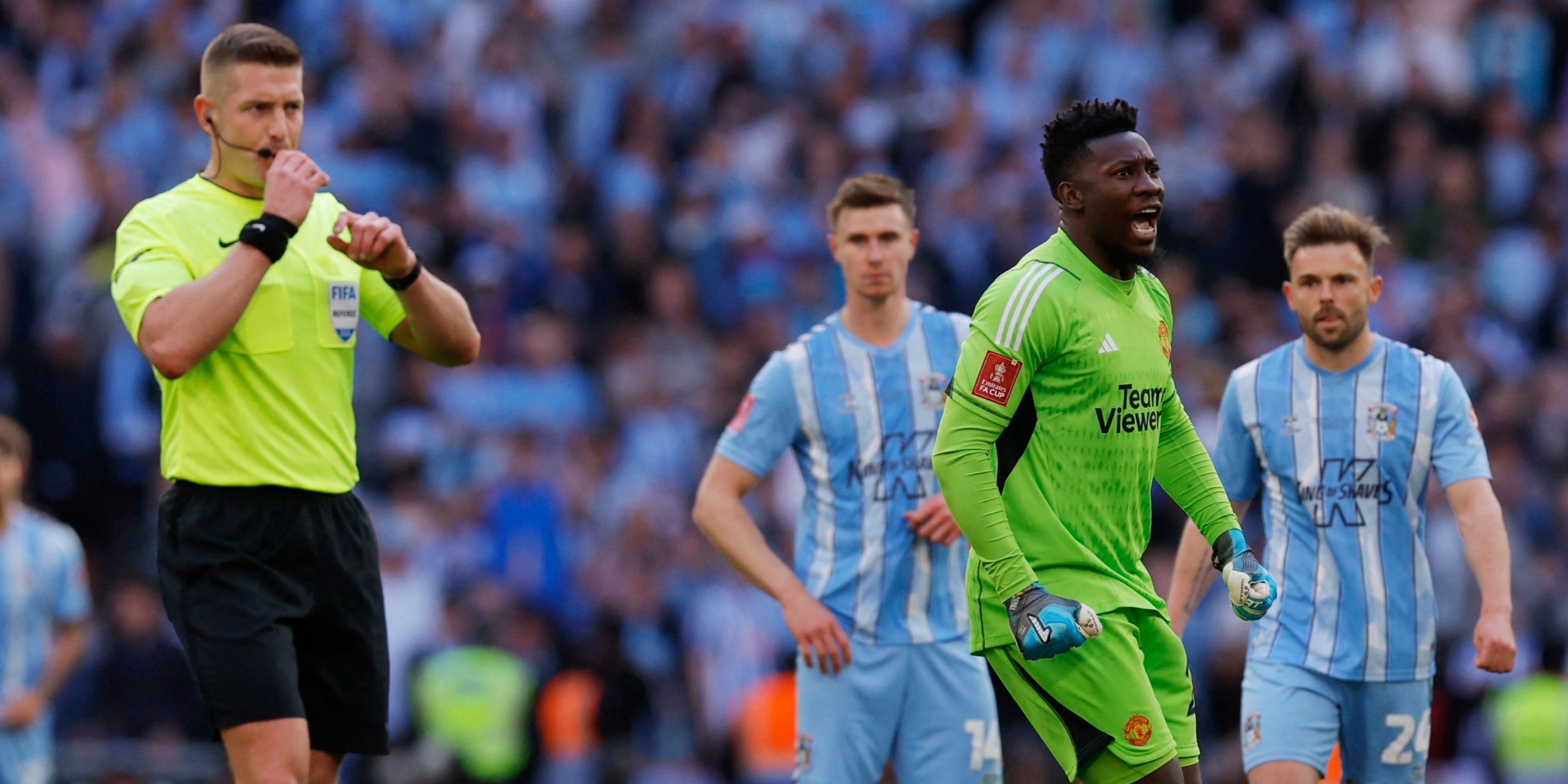 Manchester United's Andre Onana reacts after referee Robert Jones disallows Coventry City's Victor Torp's goal