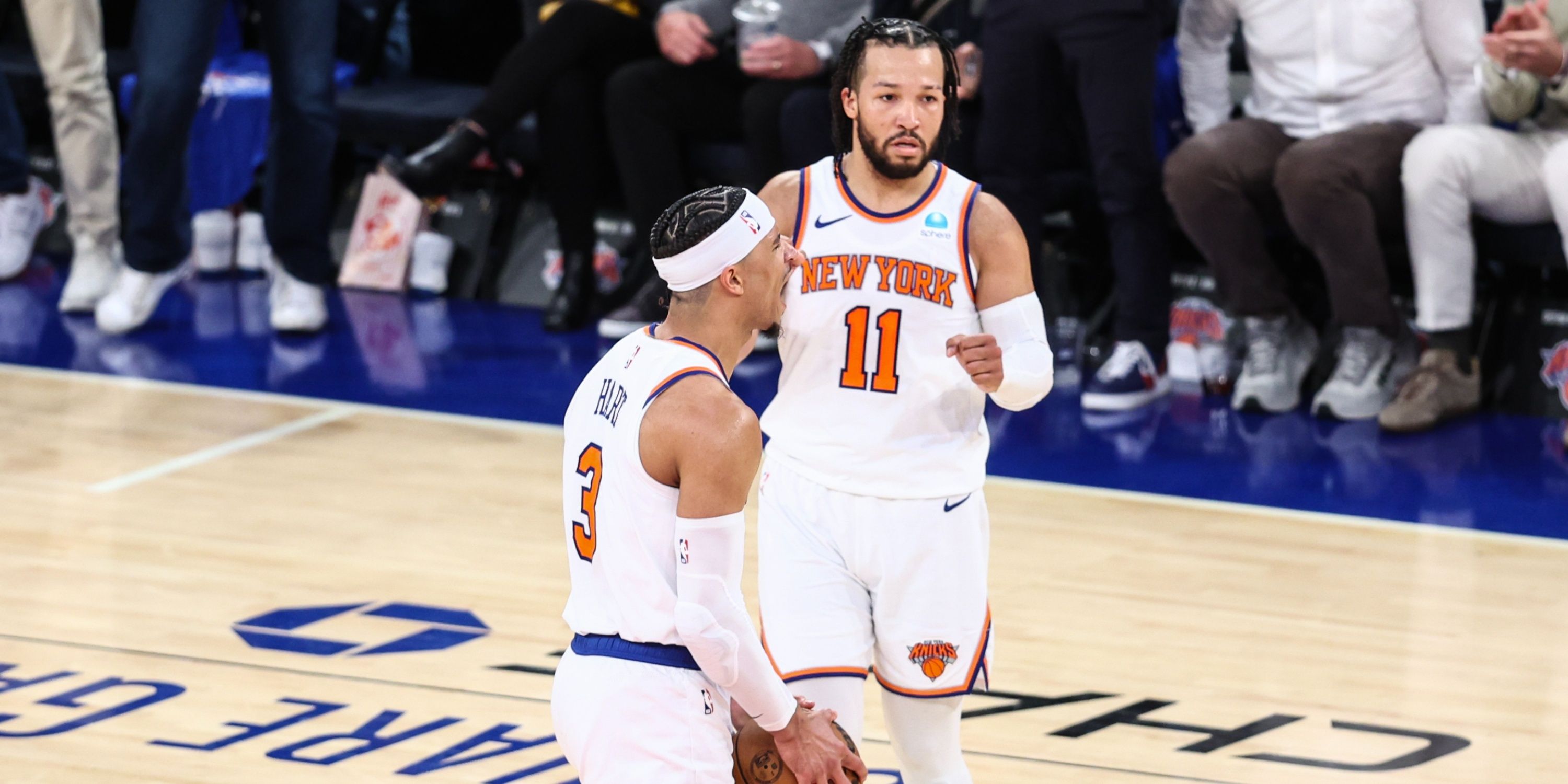 New York Knicks guard Jalen Brunson and guard/forward Josh Hart celebrate during Game 1 of their first round playoff series against the Philadelphia 76ers in the 2024 NBA Playoffs.