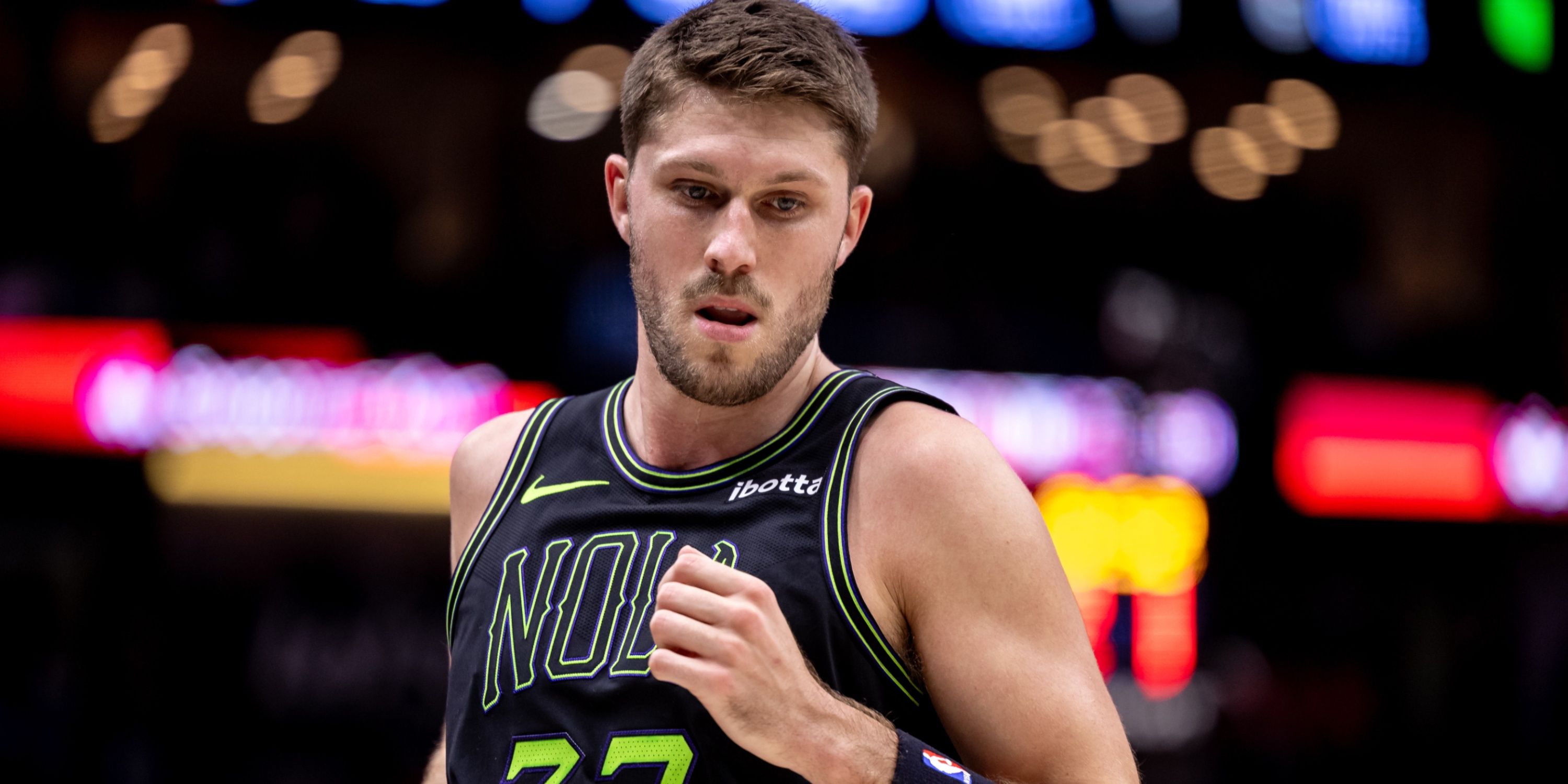 Apr 5, 2024; New Orleans, Louisiana, USA; New Orleans Pelicans forward Matt Ryan (37) looks on against the San Antonio Spurs during the first half at Smoothie King Center. Mandatory Credit: Stephen Lew-USA TODAY Sports