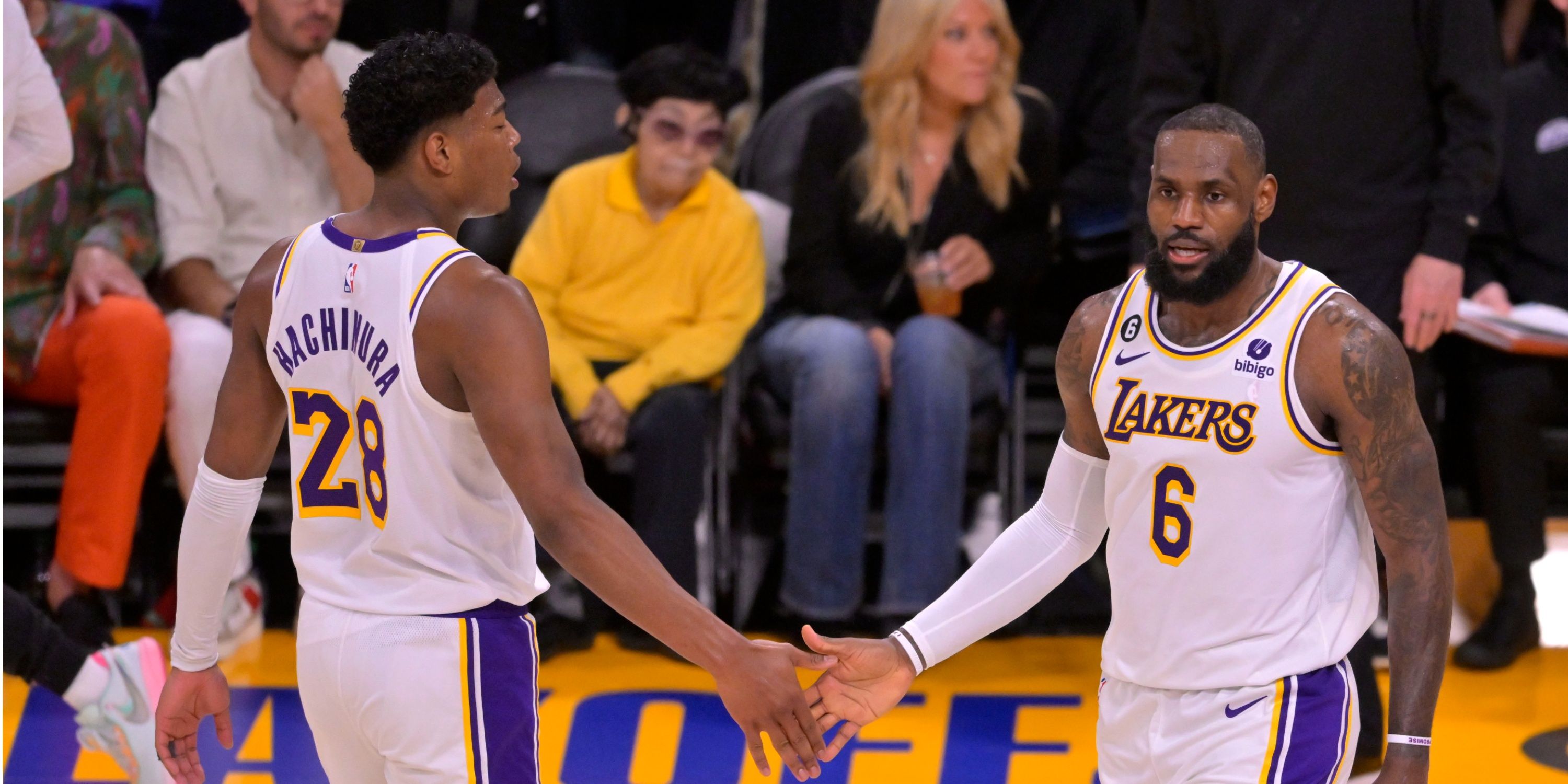 Los Angeles Lakers forwards LeBron James and Rui Hachimura in Game 3 of the 2023 Western Conference Finals.