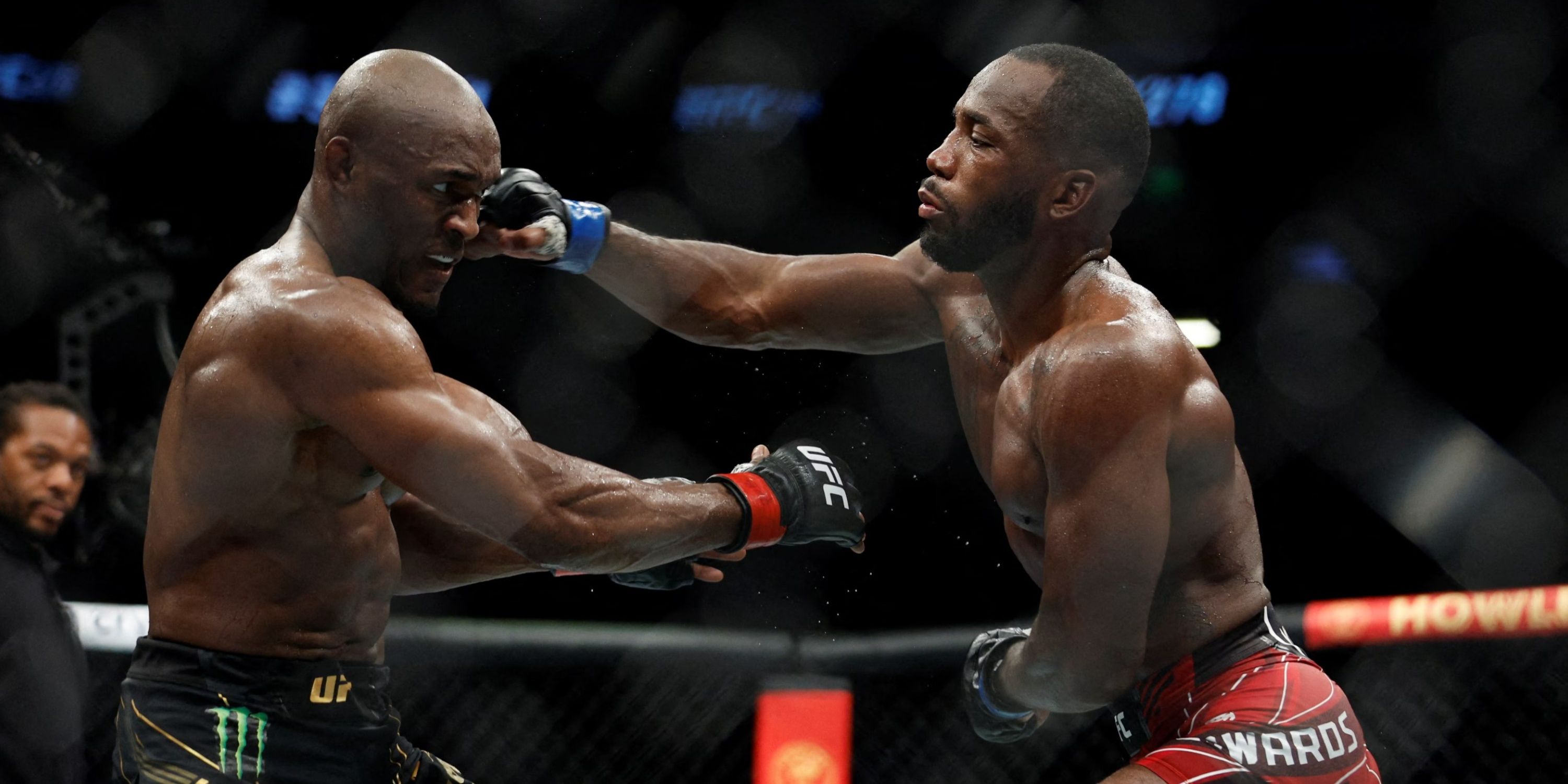 Leon Edwards landing a punch against Kamaru Usman.