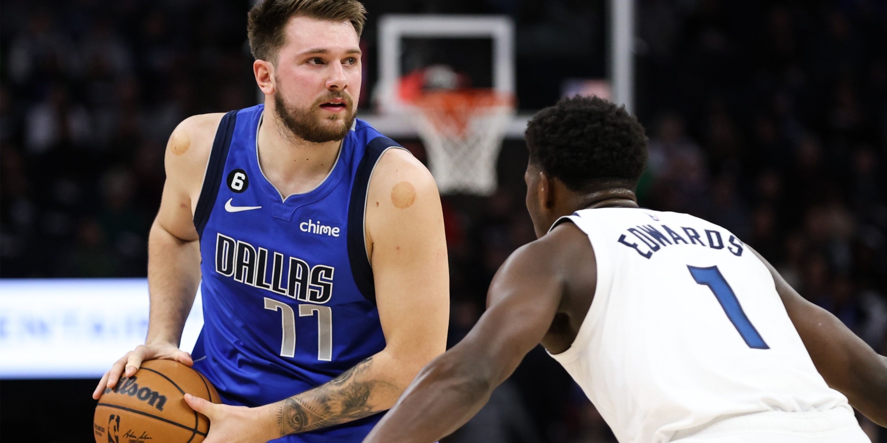 Anthony Edwards guarding Luka Doncic