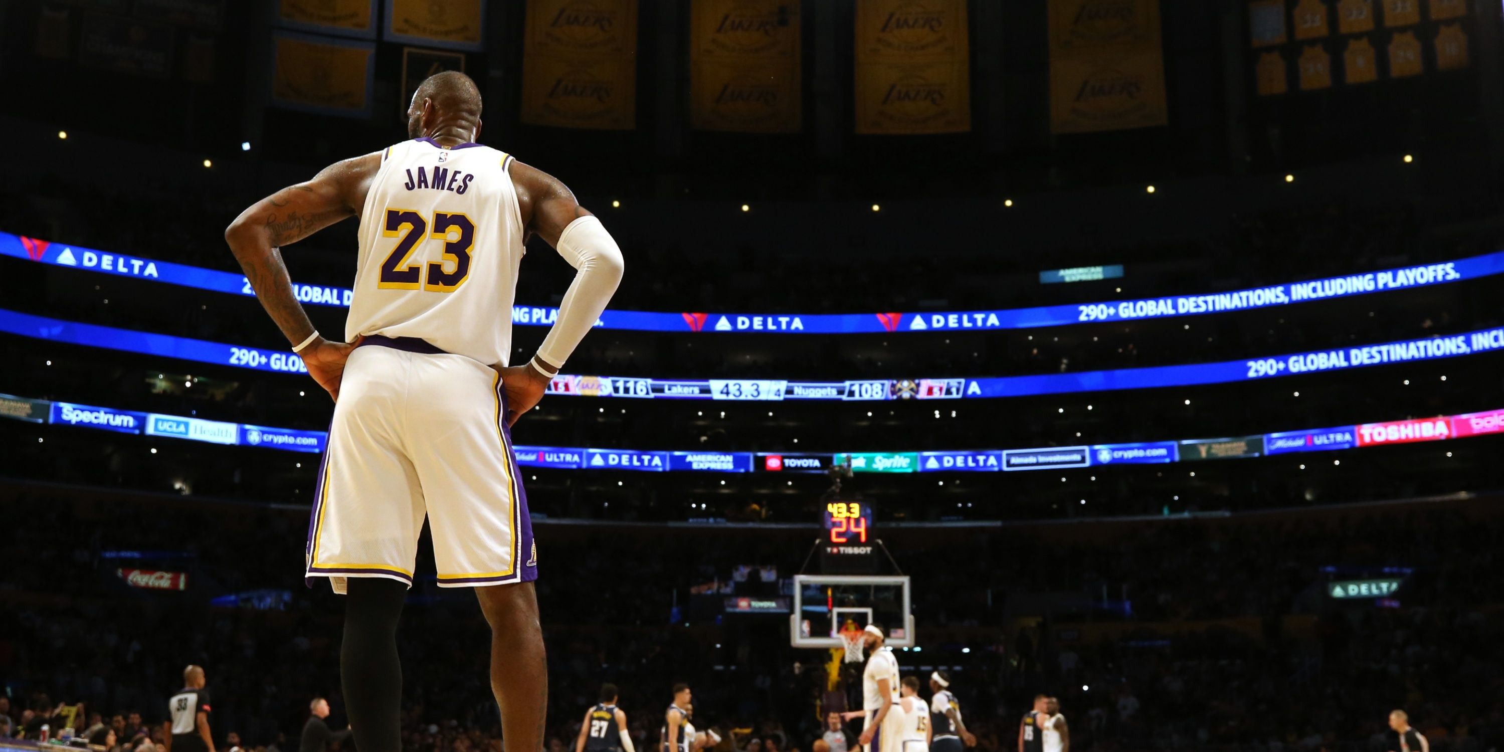 Los Angeles Lakers forward LeBron James stands during free throws against the Denver Nuggets in the 2024 NBA Playoffs.