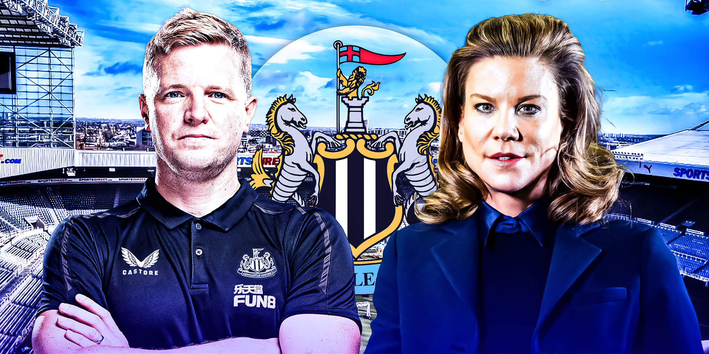 Newcastle United boss Eddie Howe and co-owner Amanda Staveley in front of St James' Park