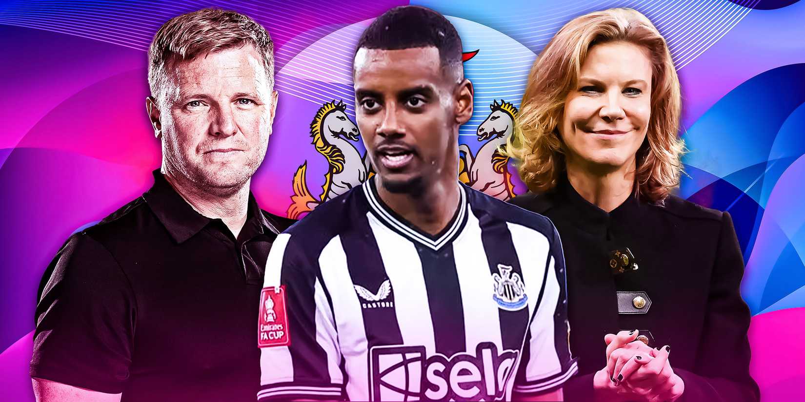 Newcastle United boss Eddie Howe, striker Alexander Isak and co-owner Amanda Staveley