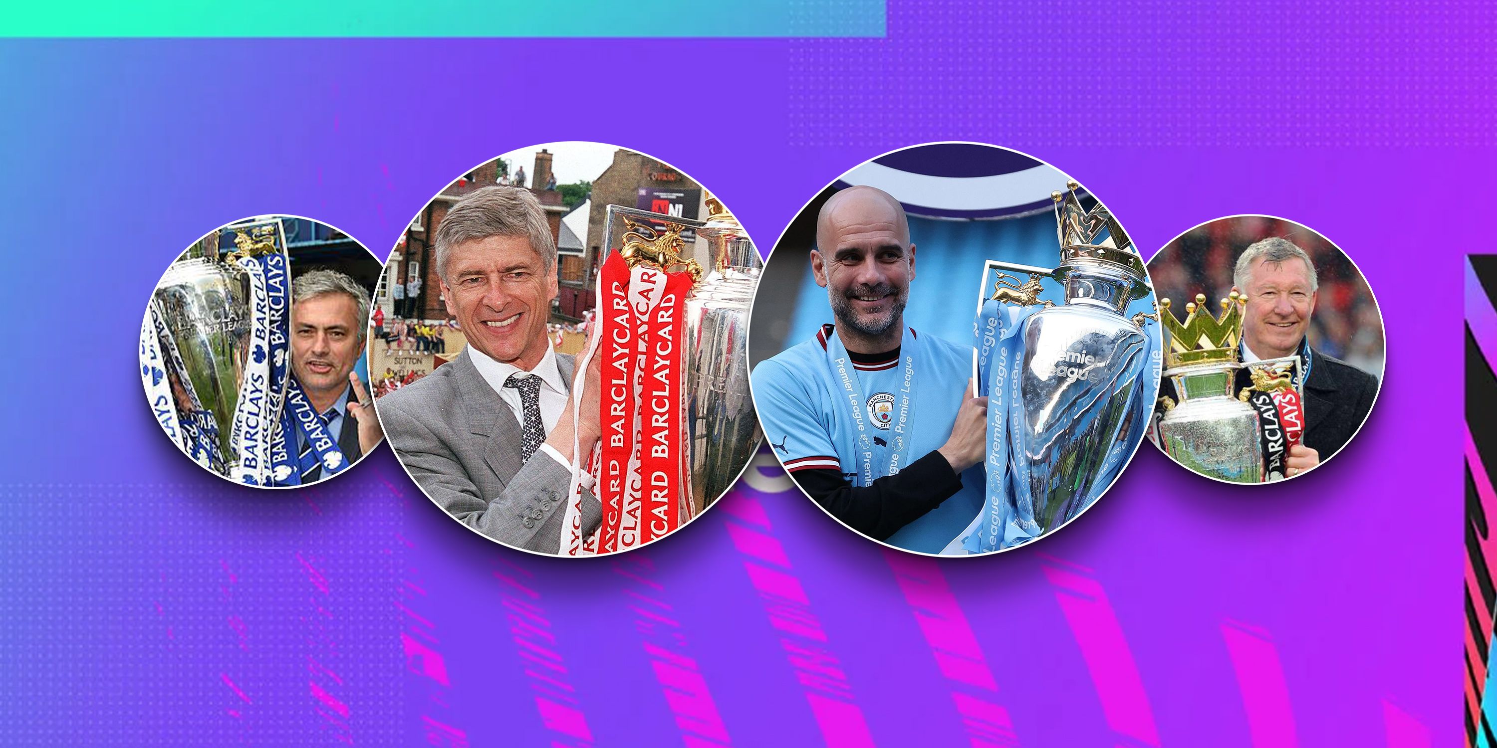 Sir Alex Ferguson, Arsene Wenger, Pep Guardiola, Jose Mourinho all holding Premier League trophy with Premier League theme background 