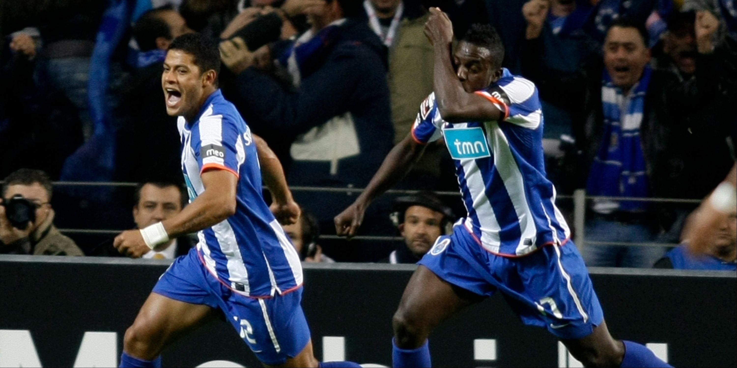 Porto's Hulk and Silvestre Varela celebrate scoring a goal.