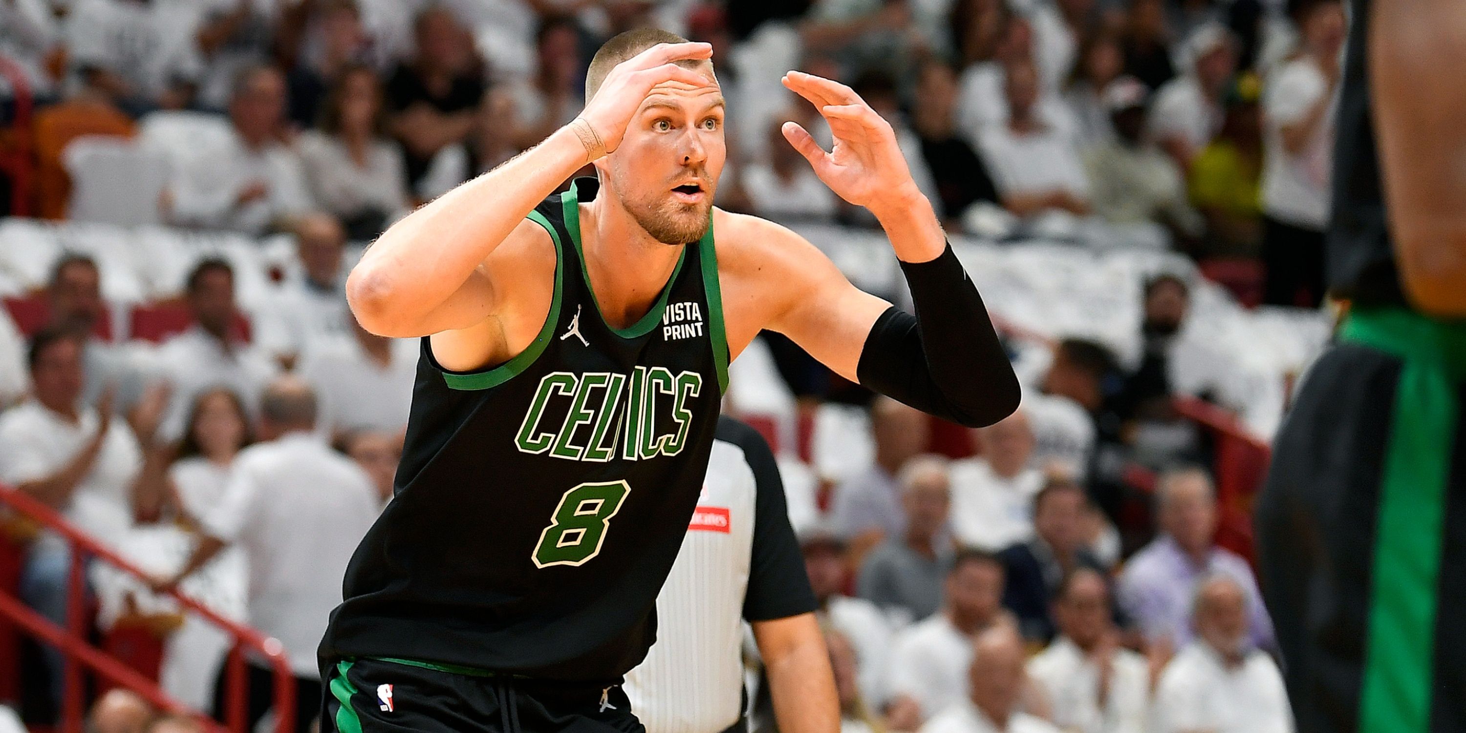 Kristaps Porzingis in disbelief over a call in a first round playoff game against the Miami Heat