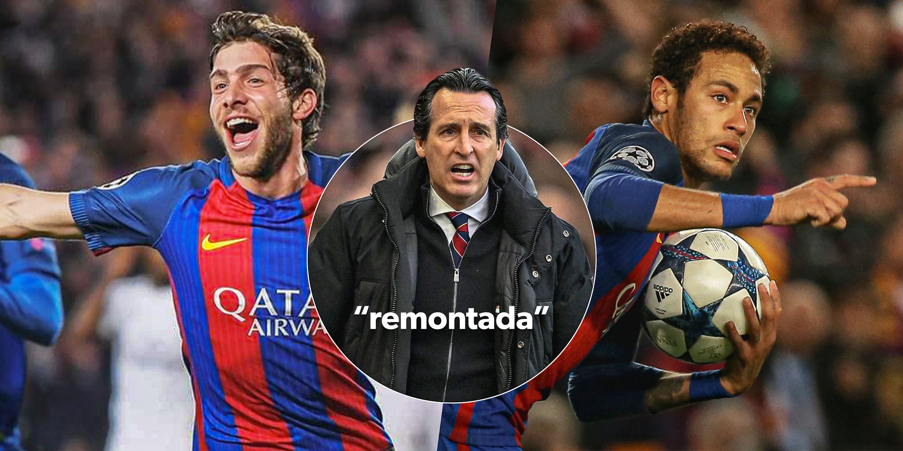 Barcelona players. Sergi Roberto and Neymar celebrating vs PSG with manager Unai Emery looking shocked