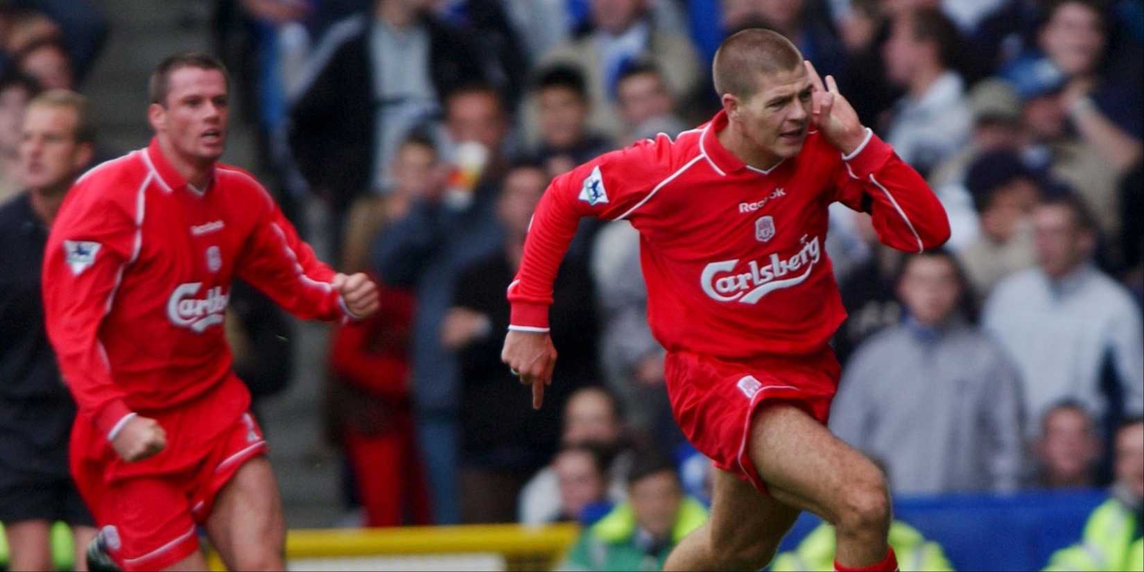 A young Steven Gerrard celebrates scoring for Liverpool against Everton.
